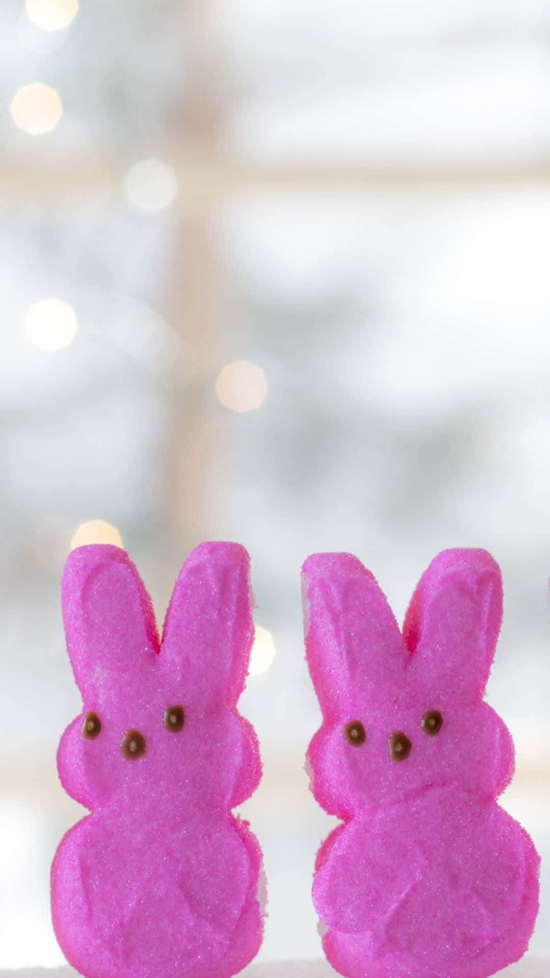 Pink Bunny 桌布 壁紙 — 兩顆閃閃發光的粉紅色兔子形狀糖果並排站立，背景是柔和模糊的雪景和溫暖的散景燈光。