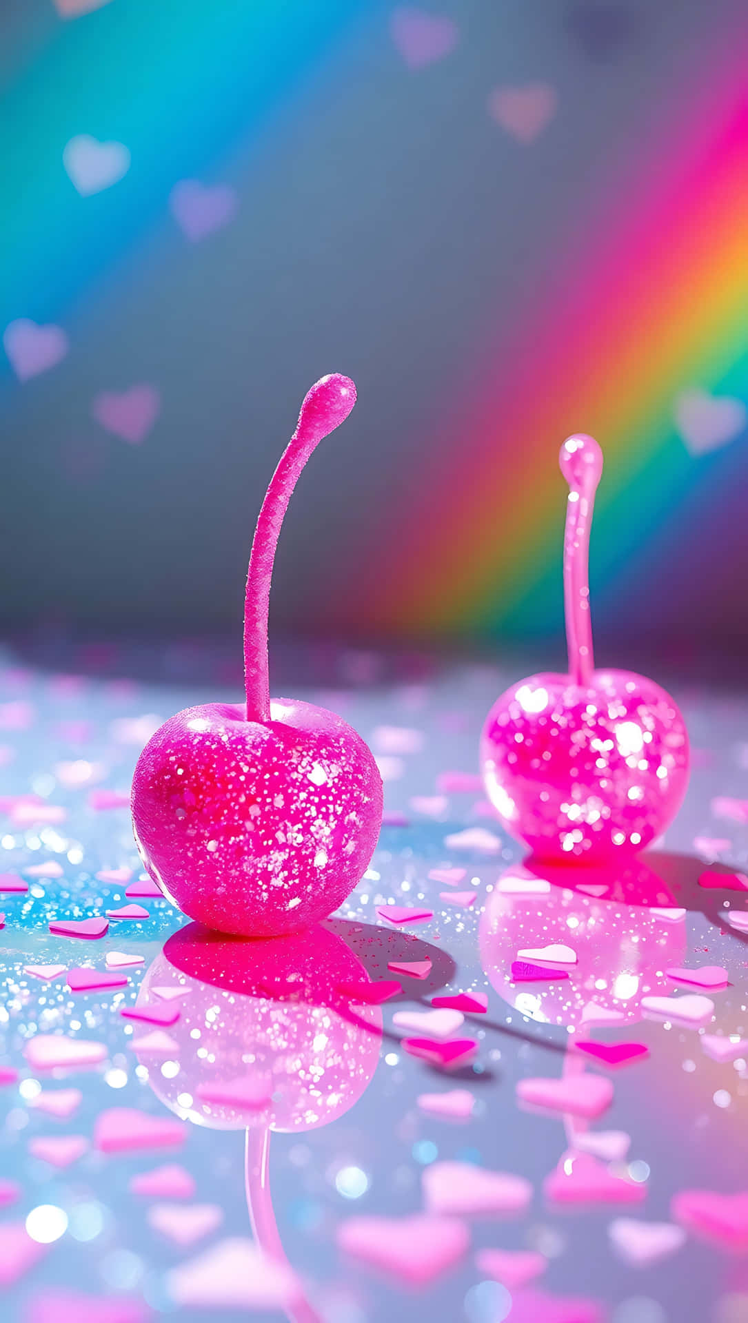 Sparkle Pop Cherries – Ultra-Cute Aesthetic 47-2 壁紙 — 兩顆閃閃發光的粉紅色櫻桃放在一個反射表面上，上面散落著粉紅色心形紙屑，背景是彩虹和心形散景。