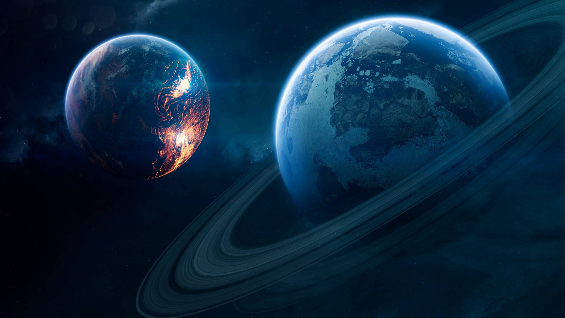 宇宙美學 桌布 壁紙 — 兩顆類似地球的行星漂浮在太空中，一顆閃爍著城市燈光，另一顆在星空虛空下被環繞。