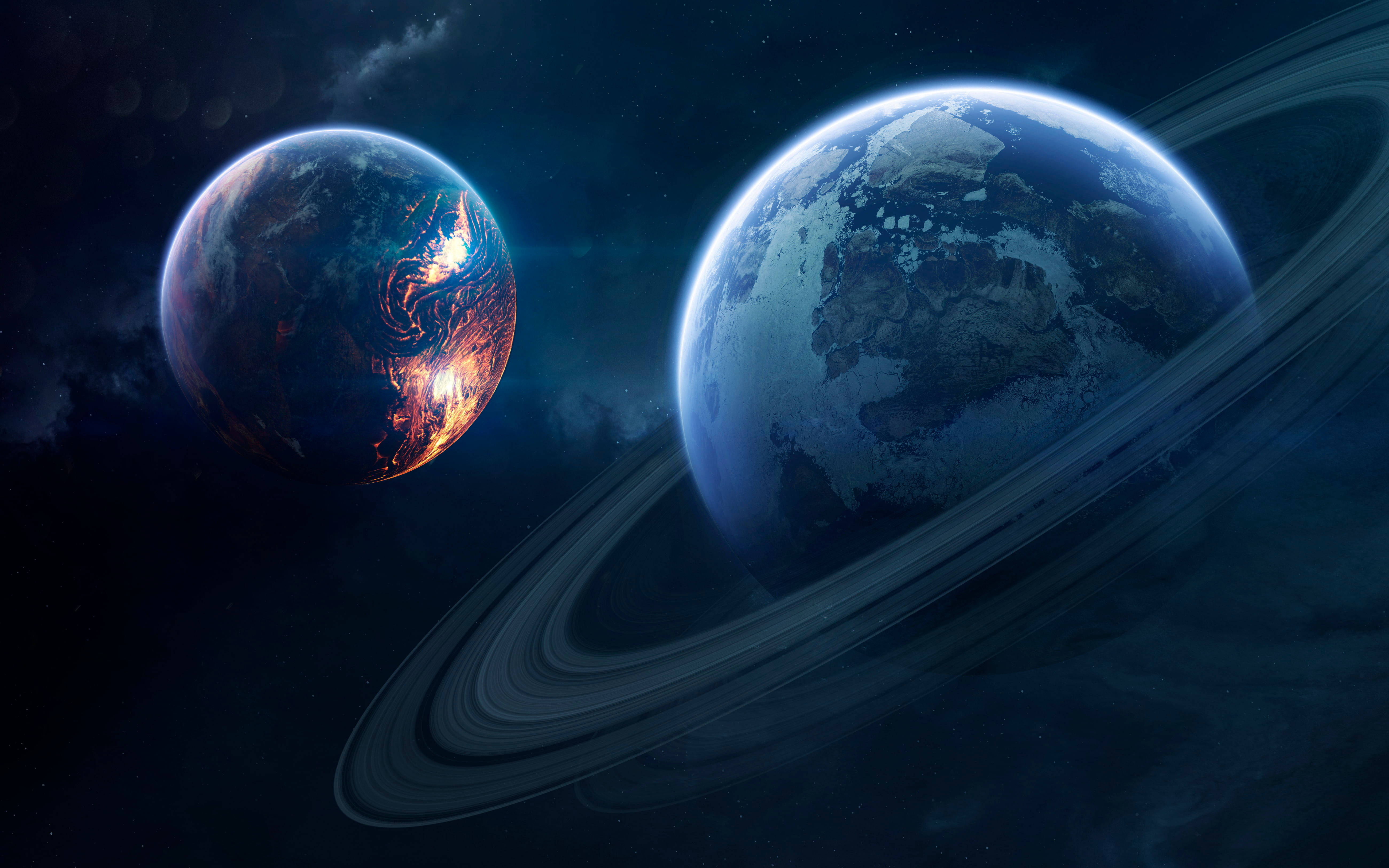 地球 桌布 壁紙 — 兩顆類地行星一起運行，一顆閃爍著城市燈光，另一顆被環圈環繞，背景是繁星點點的虛空。