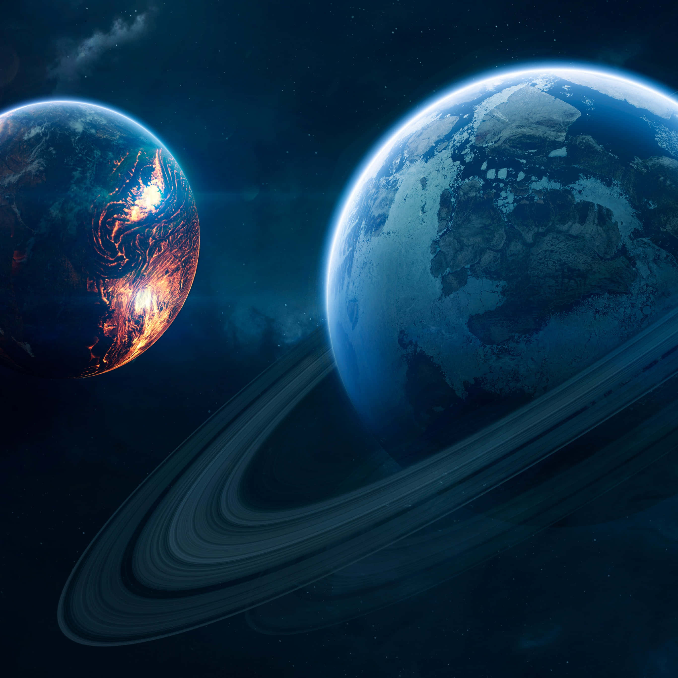 桌布 壁紙 — 兩顆類地行星在繁星點點的宇宙中環繞著有光環的氣體巨星運行，伴隨著發光的極光。