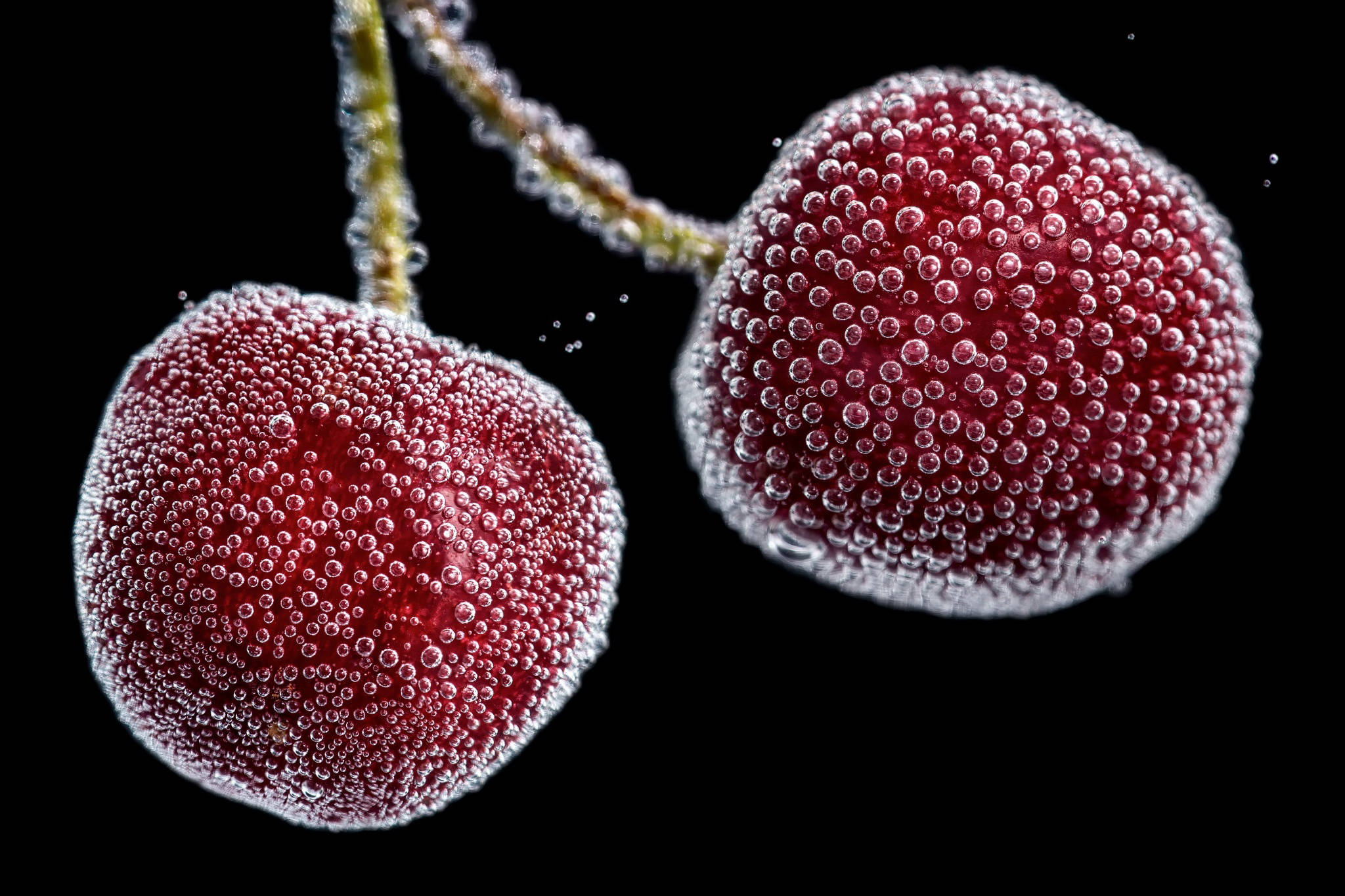 Cherry 桌布 壁紙 — 兩顆飽滿的紅櫻桃覆蓋著閃閃發光的水珠，懸掛在純黑背景上。