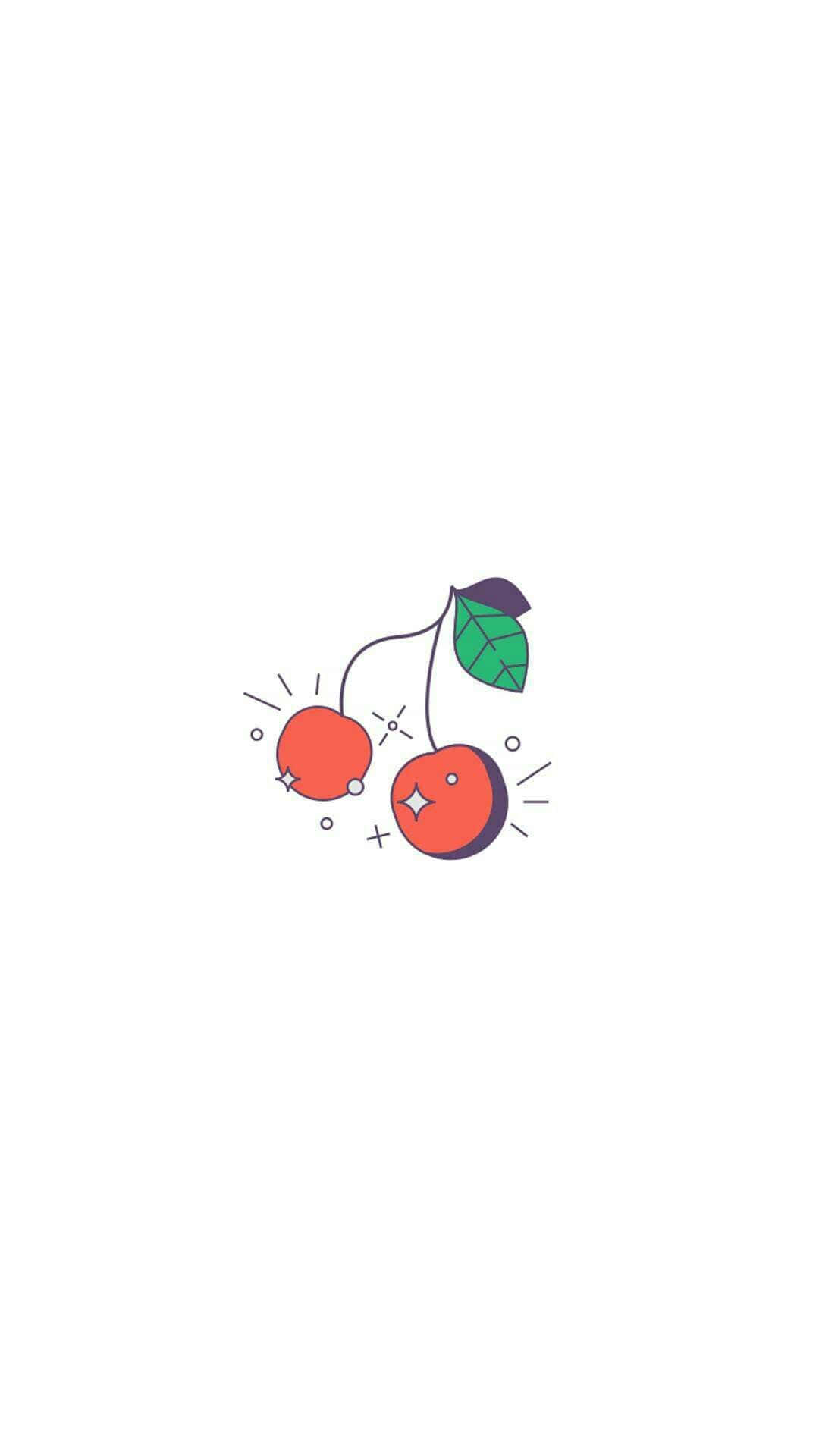 Cherry Aesthetic 桌布 壁紙 — 兩顆鮮紅櫻桃，帶有綠色葉子和閃光點綴，置於簡約白色背景上。