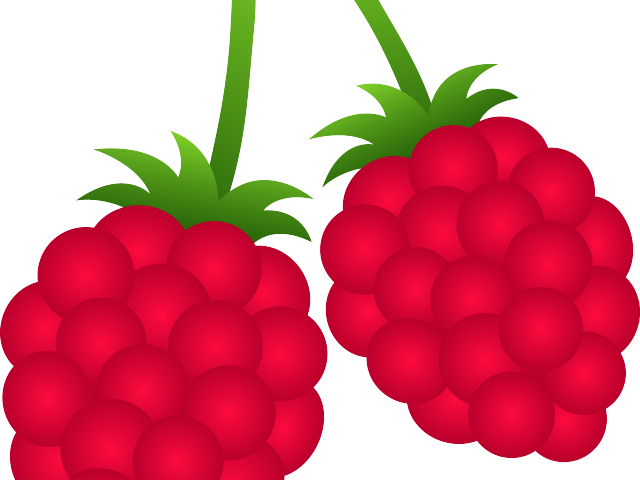 Raspberries 桌布 壁紙 — 兩顆鮮紅色的覆盆子，帶有綠色莖和葉，在黑色背景上格外突出。