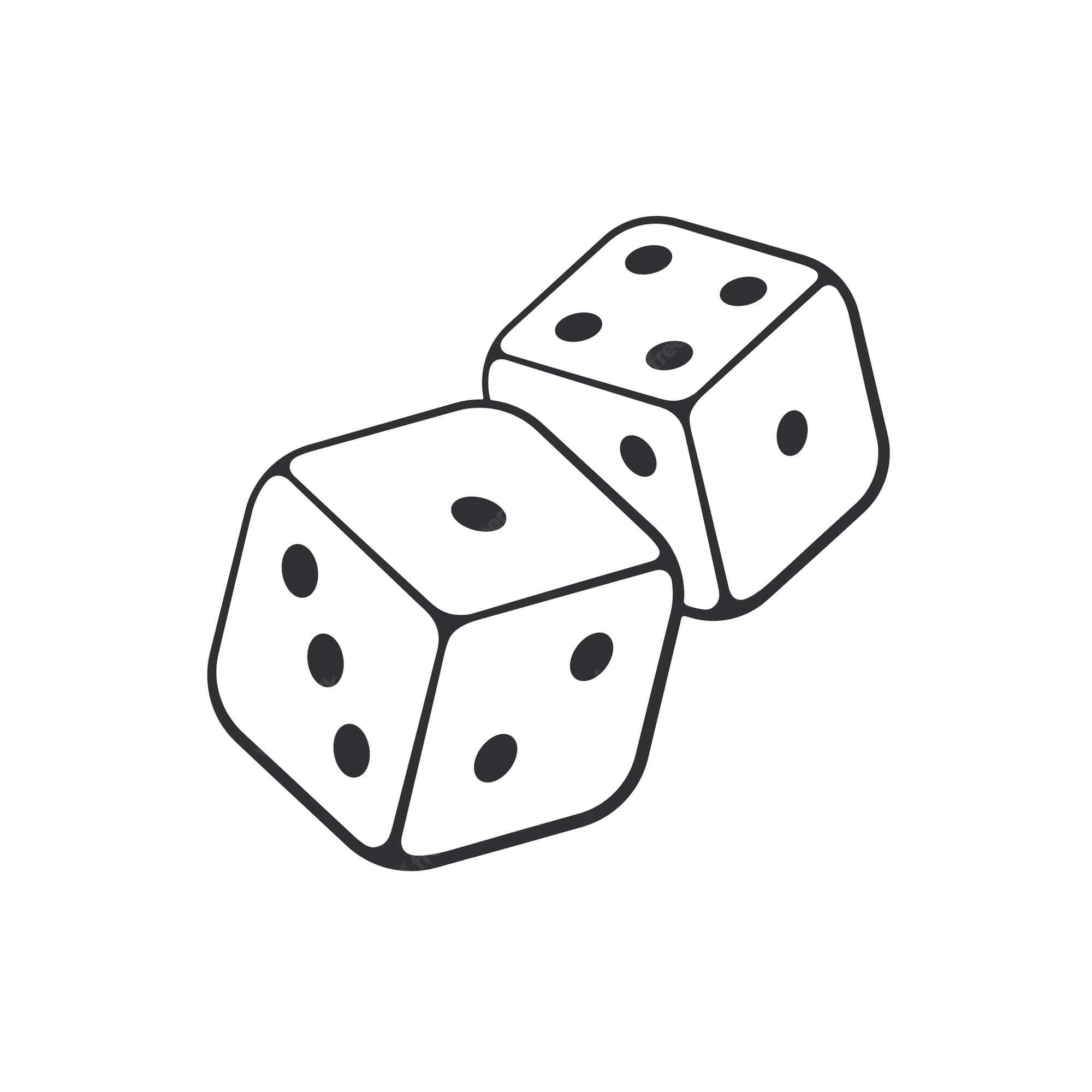 Dice 桌布 壁紙 — 兩顆黑色輪廓骰子，點數顯示三和五，在純白背景上對角翻滾。