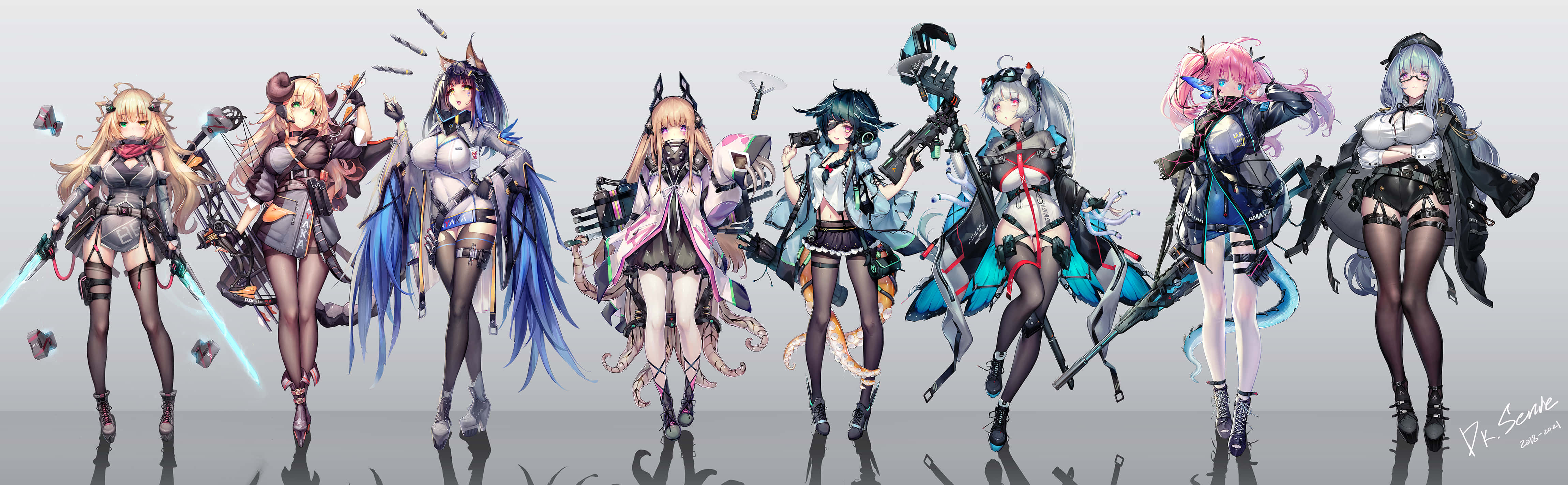 Anime Group 桌布 壁紙 — 八位動漫風格的女戰士穿著精細的未來主義服裝，排成一排，背景是純灰色。