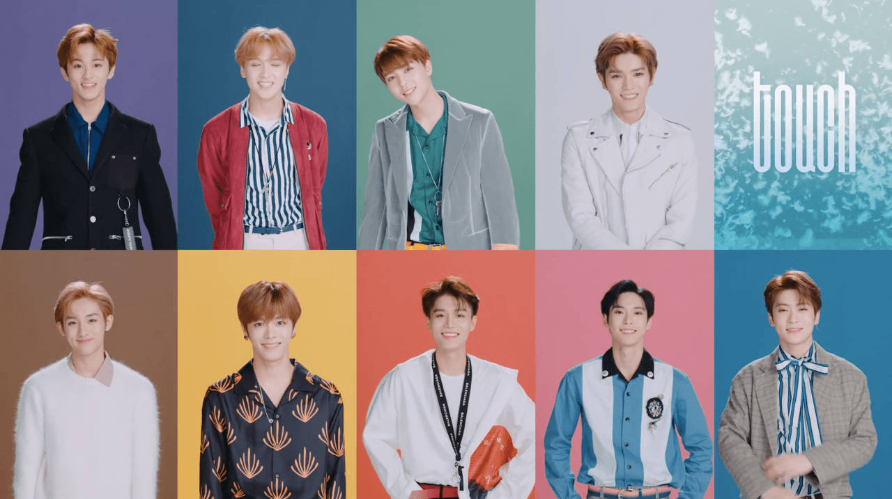 NCT 127 桌布 壁紙 — 八位年輕男士穿著時尚服裝，在鮮豔純色背景前擺姿勢，構成宣傳人像網格。