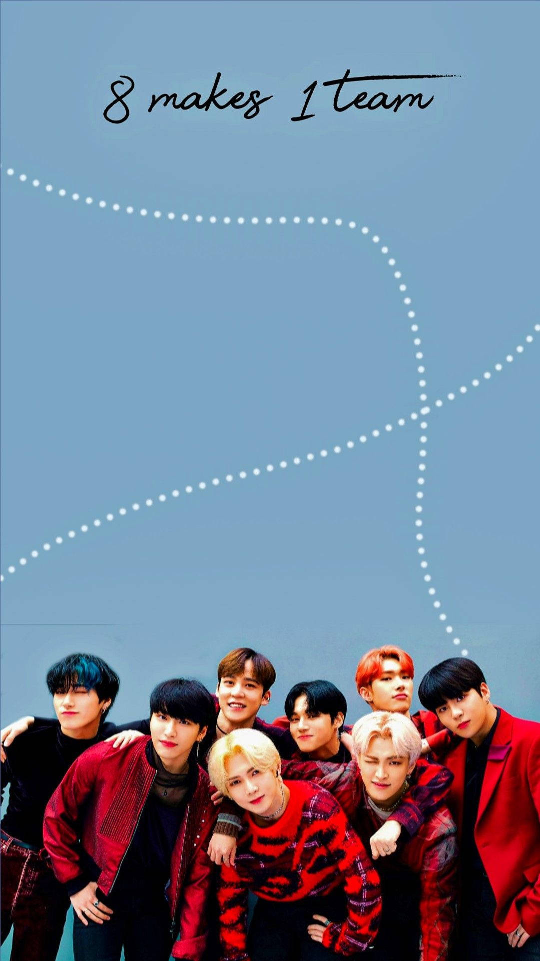 ateez 桌布 壁紙 — 八位時尚年輕男子身穿紅色服裝，在淺藍色背景前一起擺姿勢，背景有虛線藝術和文字「8 makes 1 team」。
