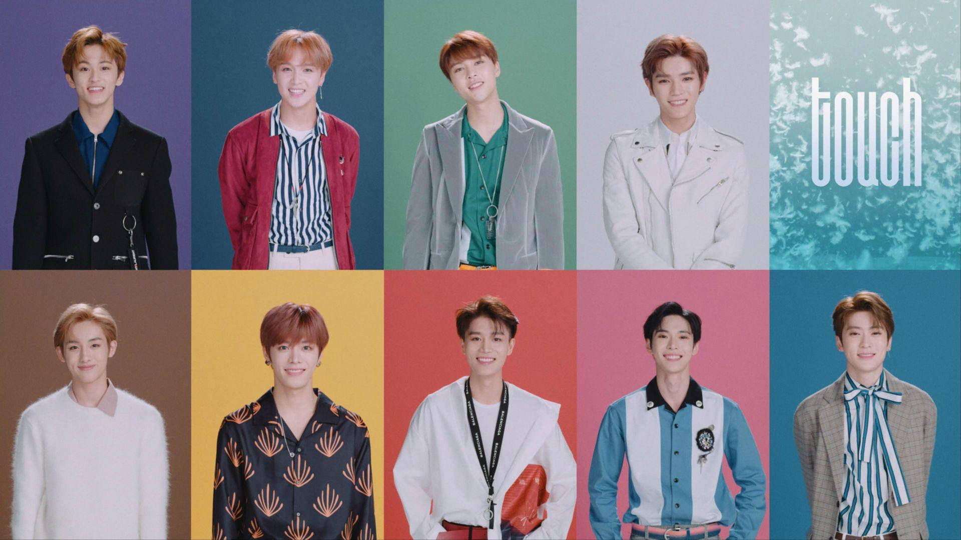 Nct 桌布 壁紙 — 八位身穿時尚服裝的年輕男性在鮮豔純色背景前擺姿勢，構成宣傳肖像網格。