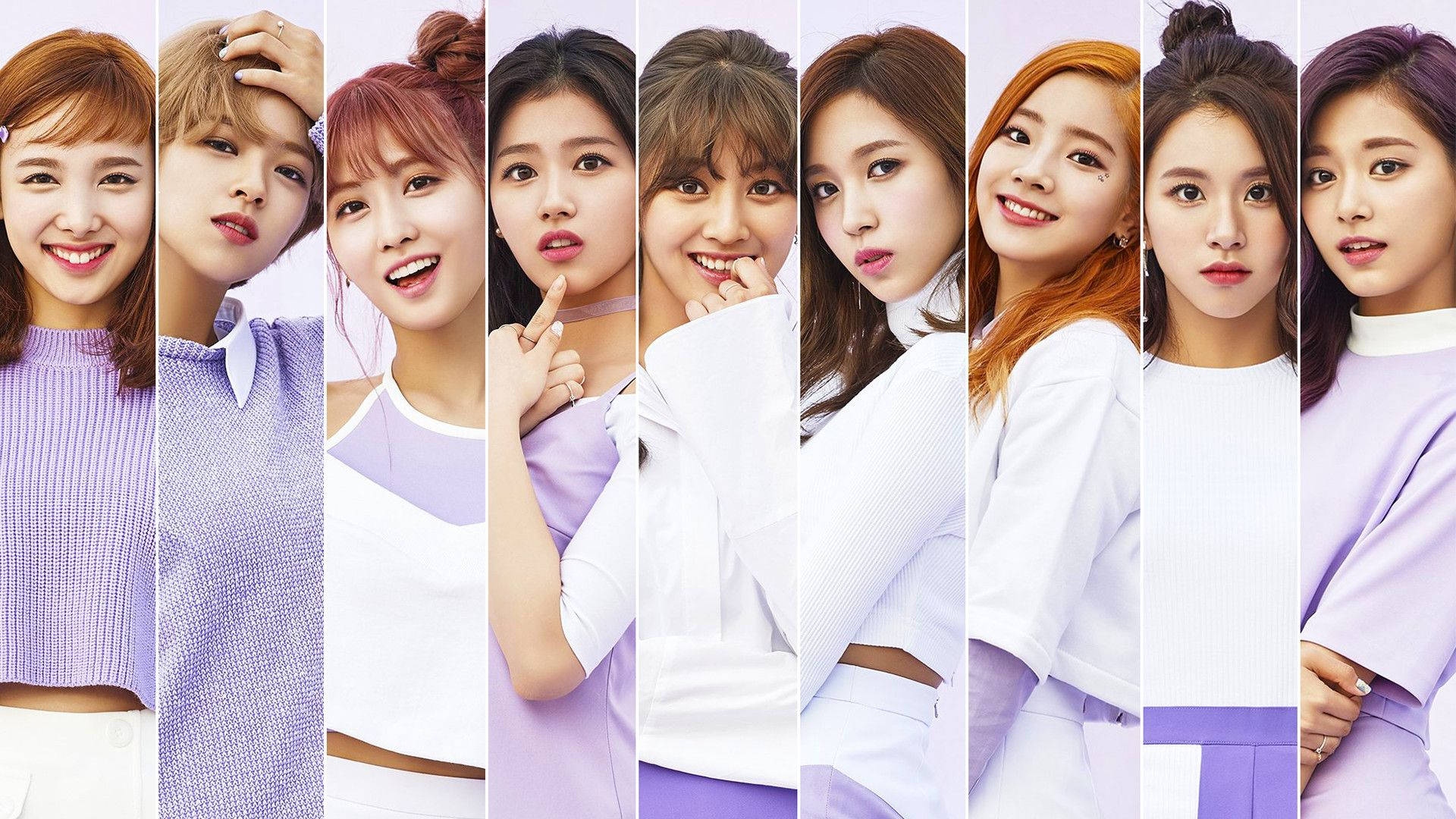 twice 桌布 壁紙 — 八位身穿紫色和白色服裝的年輕女性，在柔和的薰衣草背景下擺出俏皮的表情。