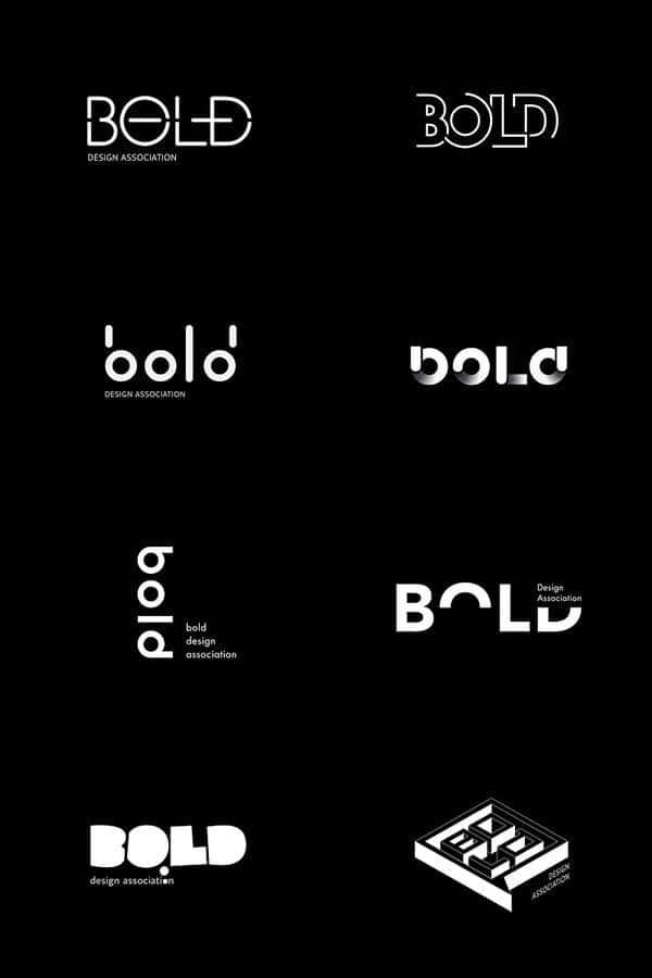 Minimalist Logo 桌布 壁紙 — 八個「Bold Design Association」的極簡白色標誌變體，展示在純黑背景上。