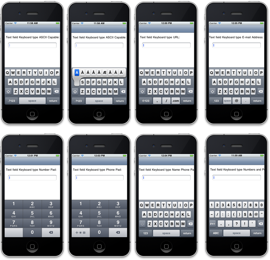 鍵盤 桌布 壁紙 — 八個 iPhone 螢幕顯示各種用於文字輸入的鍵盤佈局，包括 ASCII、URL、電子郵件、數字鍵盤和電話鍵盤。
