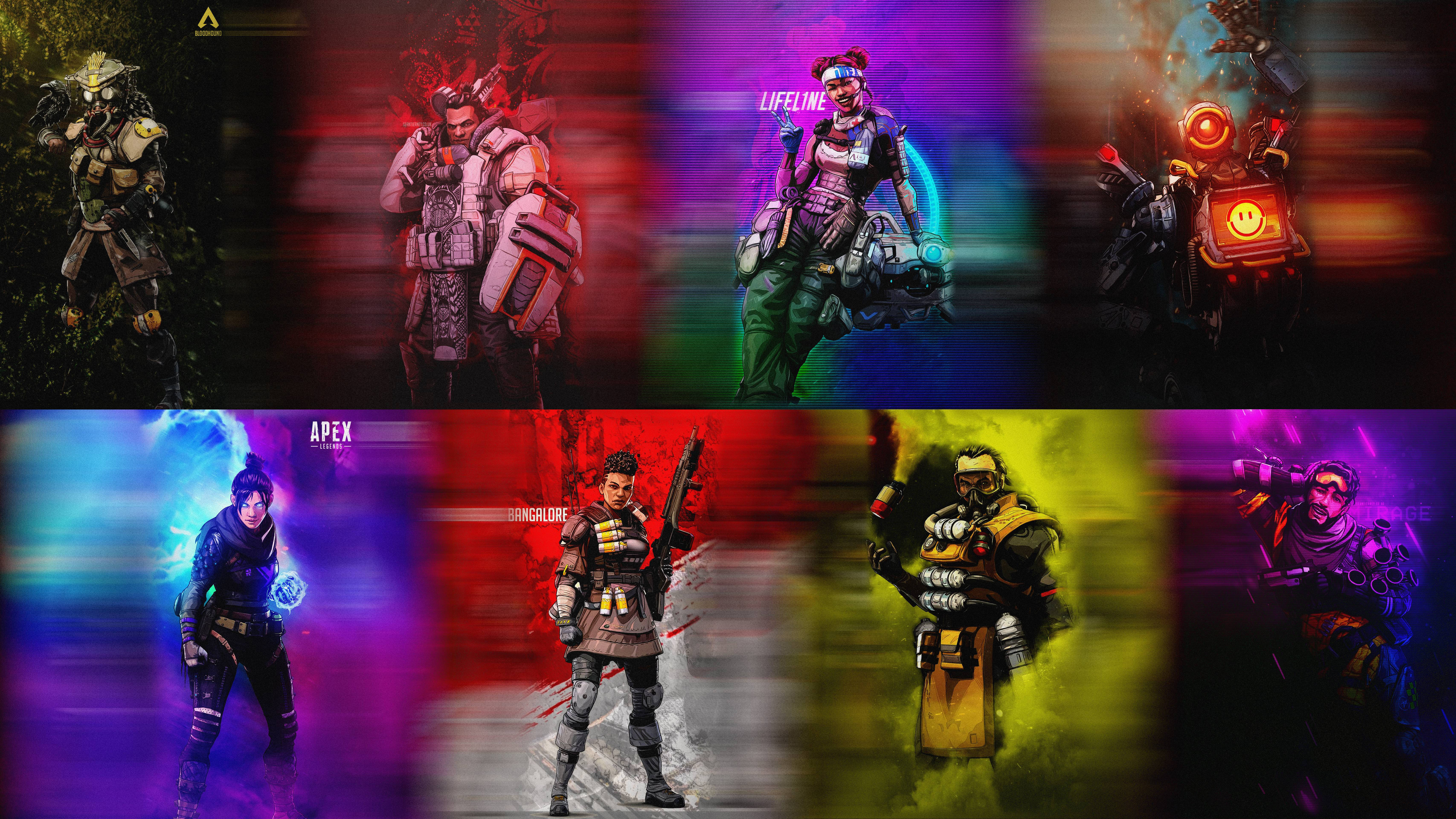Apex 英雄 桌布 壁紙 — 八個Apex Legends角色的鮮豔數位肖像，每個都襯以色彩繽紛的動態模糊背景。