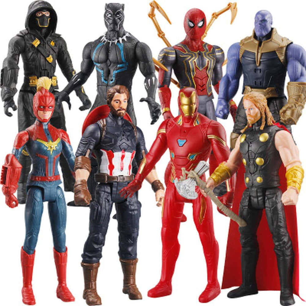 toys 桌布 壁紙 — 八個Marvel超級英雄動作人偶在純白色背景前擺出姿勢的鮮豔收藏。