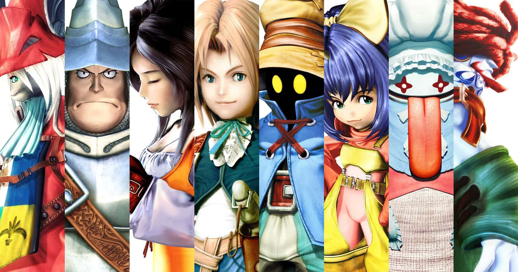 Final Fantasy Characters 桌布 壁紙 — 八個不同動漫角色的鮮明陣容，表情各異，服裝色彩繽紛。
