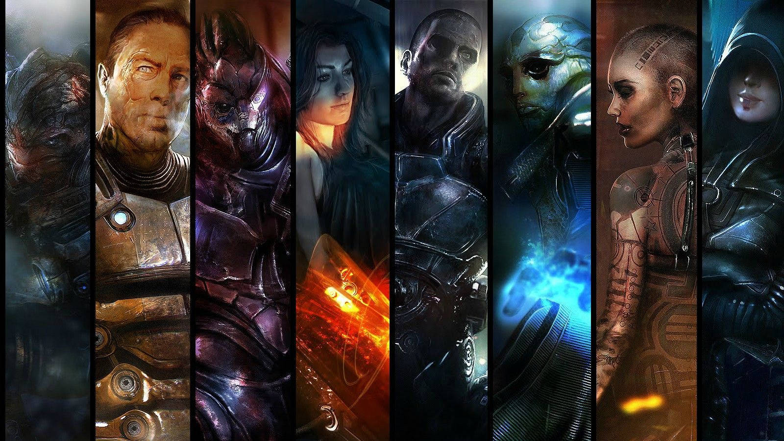 Mass Effect 3 桌布 壁紙 — 八個不同科幻角色的垂直肖像蒙太奇，穿著細節豐富的盔甲，帶有戲劇性燈光和發光效果。