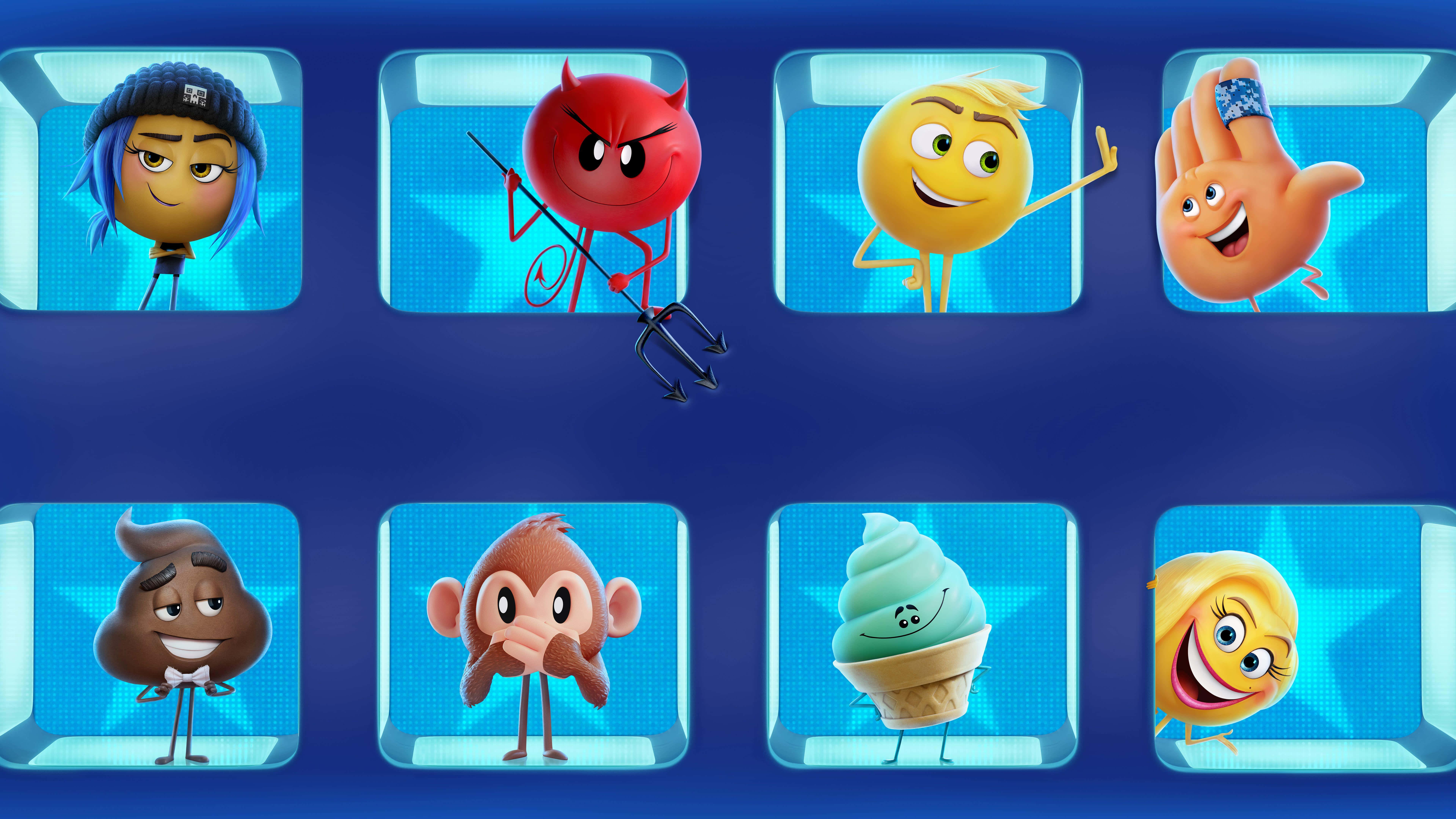 Smile Emoji 桌布 壁紙 — 八個具有不同個性的動畫表情符號角色，顯示在發光的藍色立方體中，背景為深藍色。