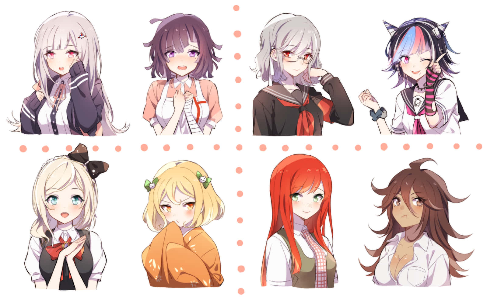 game 桌布 壁紙 — 八個動漫女孩穿著校服，在白色背景上擺出各種表情，背景有虛線分隔。