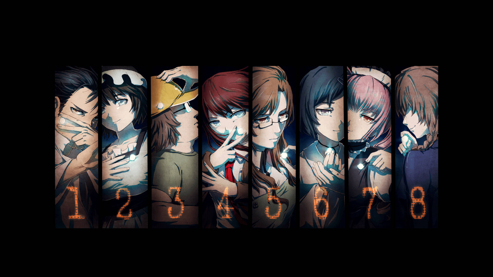Steins Gate 桌布 壁紙 — 八個動漫角色在垂直面板中，每個編號一到八，帶有發光的橙色數字，背景為黑色。