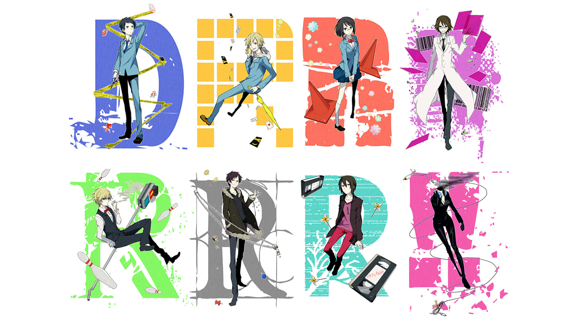 durarara 桌布 壁紙 — 八個動漫角色在拼出「DERRR!」的時尚彩色字母內動態擺姿勢。