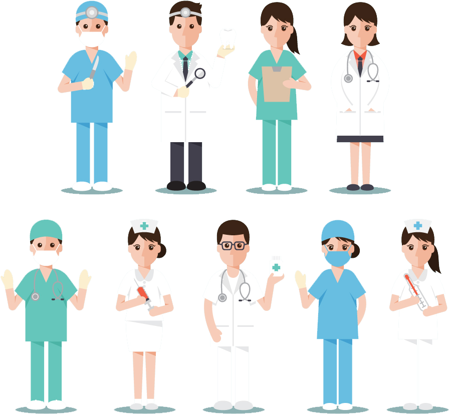 Physician 桌布 壁紙 — 八個卡通醫護專業人員穿著手術衣和實驗室外套，手持聽診器和注射器等工具，背景為黑色。