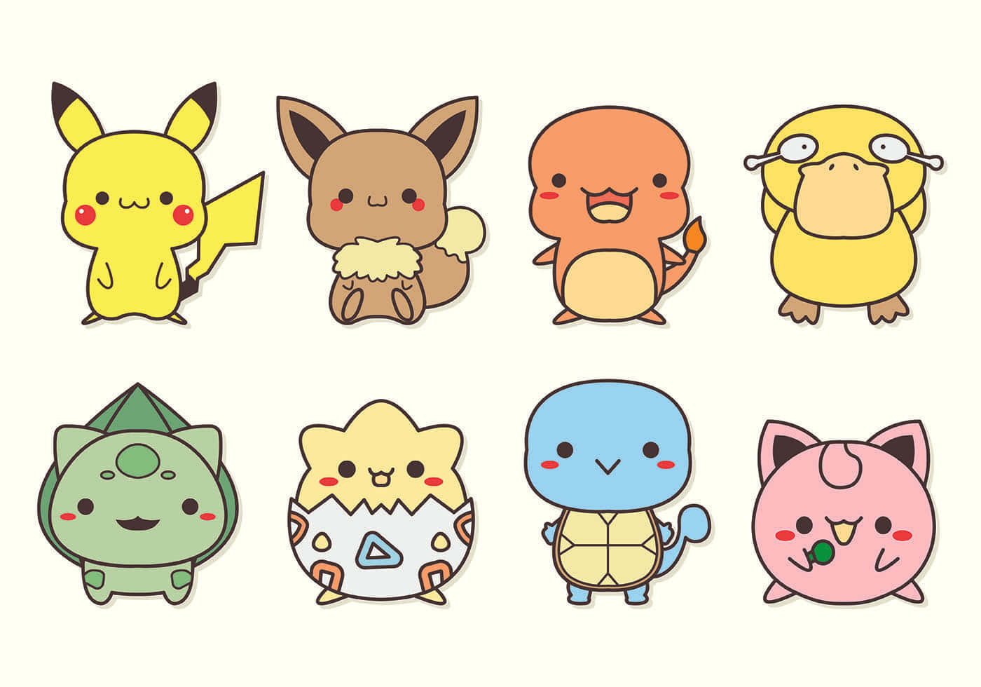 Pokemon Stickers 桌布 壁紙 — 八個可愛的Q版風格寶可夢角色，大眼睛、柔和色彩，在淺色背景上排成兩行。