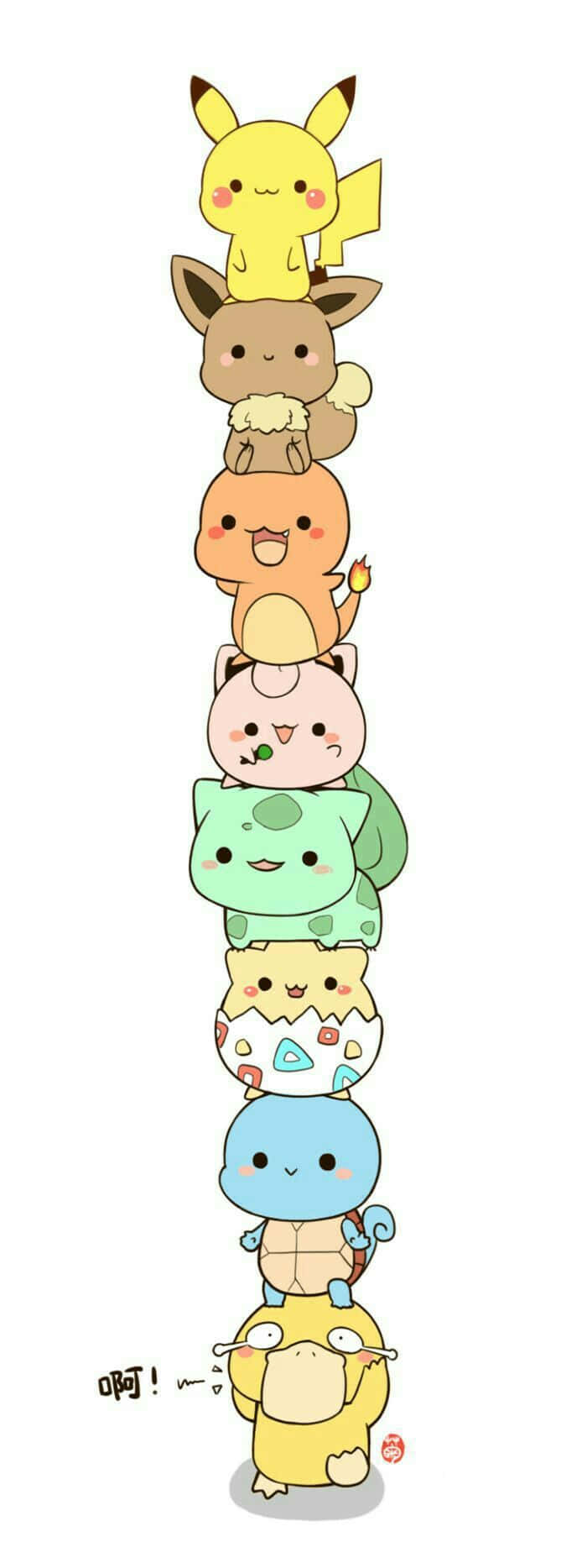 Cute Pikachu And Eevee 桌布 壁紙 — 八個可愛的寶可夢角色垂直堆疊，帶著愉快表情，背景為純白色。