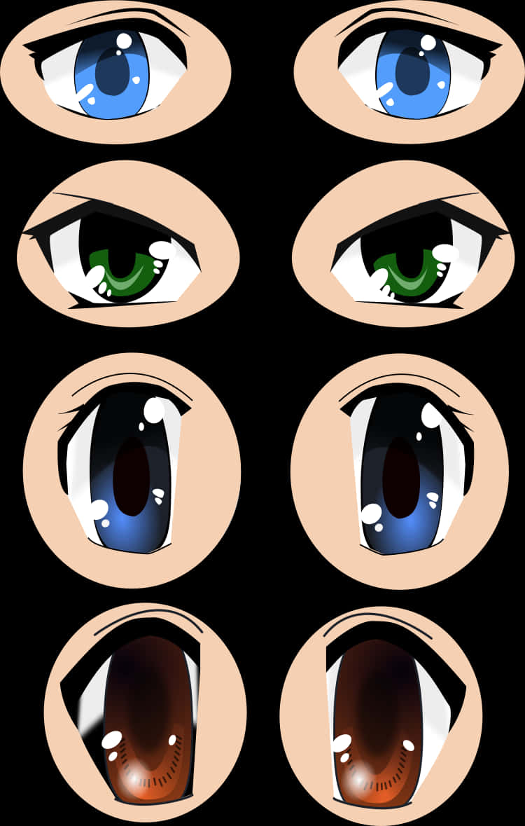Anime Eyes 桌布 壁紙 — 八個圓圈內的動漫風格眼睛，展現鮮豔的藍色、綠色和棕色虹膜，帶有細緻的高光，背景為黑色。
