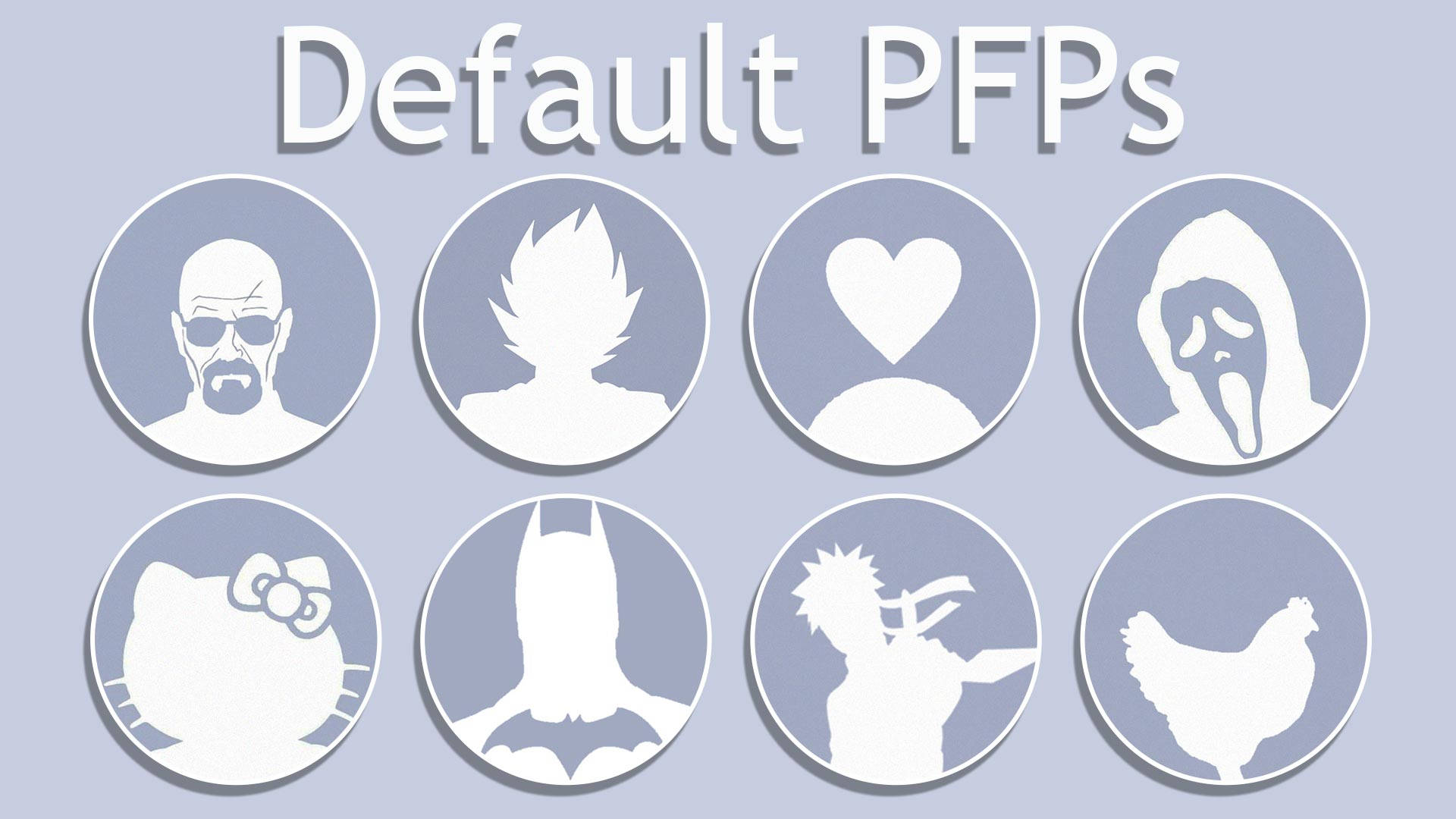 Pfp 桌布 壁紙 — 八個圓形個人資料圖片，帶有白色剪影的標誌性角色和符號，背景為柔和的薰衣草色。