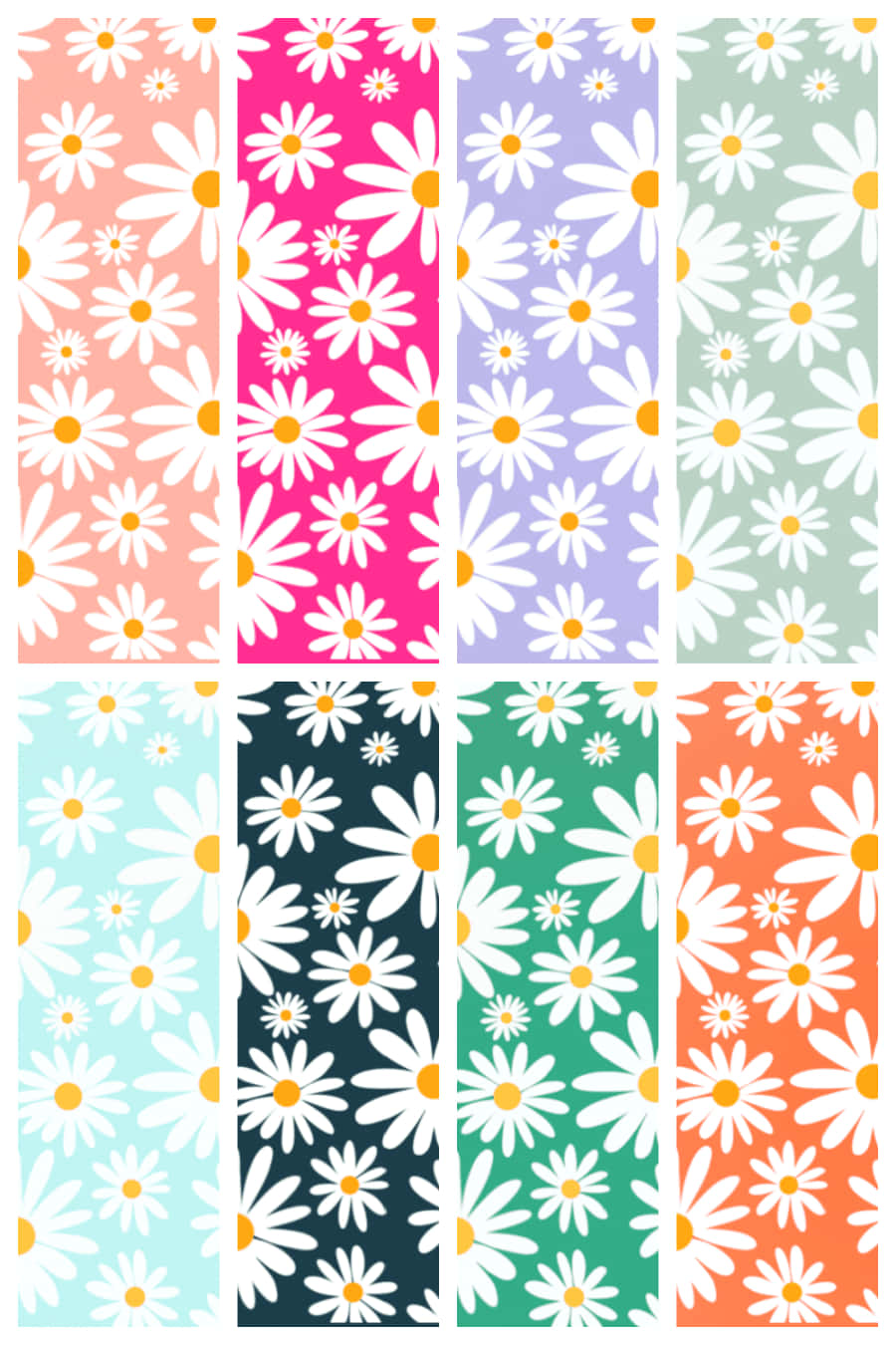 Daisies 桌布 壁紙 — 八個垂直面板展示雛菊圖案，採用柔和及鮮豔色彩，白色花瓣和黃色花心。