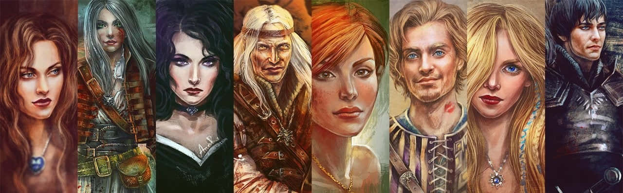 The Witcher Characters 桌布 壁紙 — 八個奇幻角色的鮮豔數位藝術肖像拼貼，具有獨特髮型和精緻服裝。