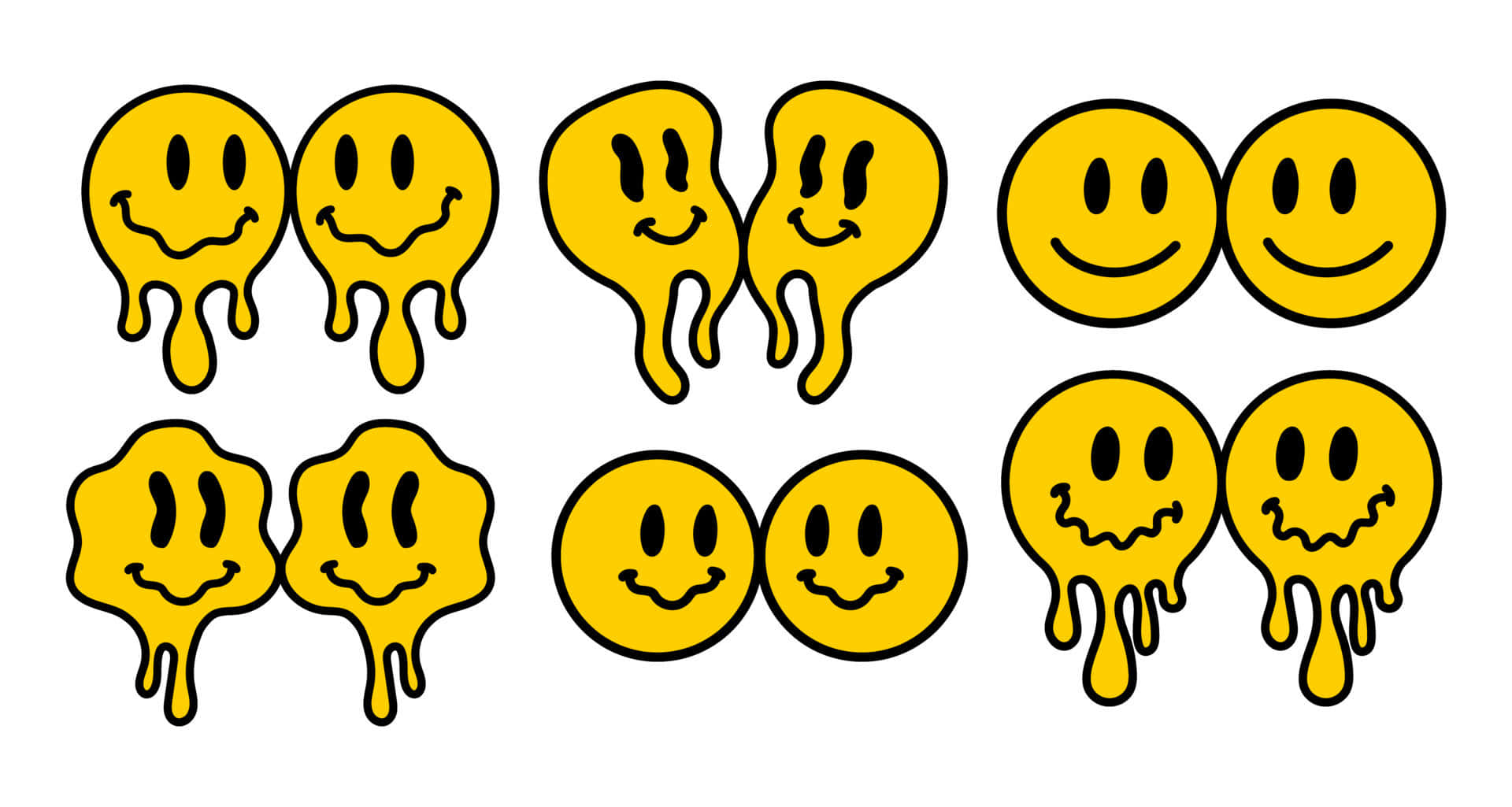 Aesthetic Trippy Smiley Face 桌布 壁紙 — 八個帶黑色輪廓的黃色笑臉，像融化起司般滴落，風格俏皮卡通。