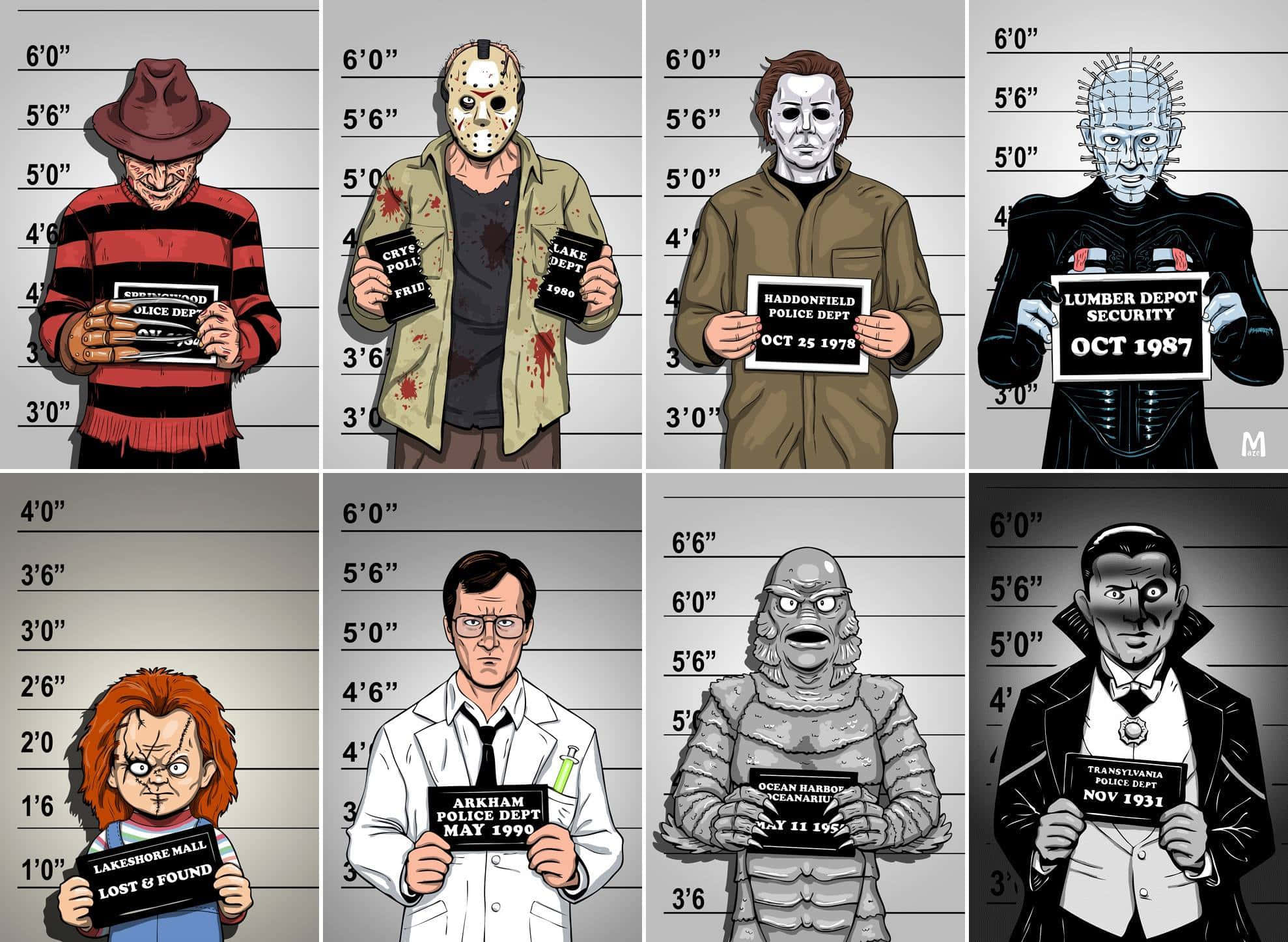 Horror Icons 桌布 壁紙 — 八個標誌性恐怖反派以嫌犯照風格在身高圖表前擺姿勢，手持逮捕標誌。