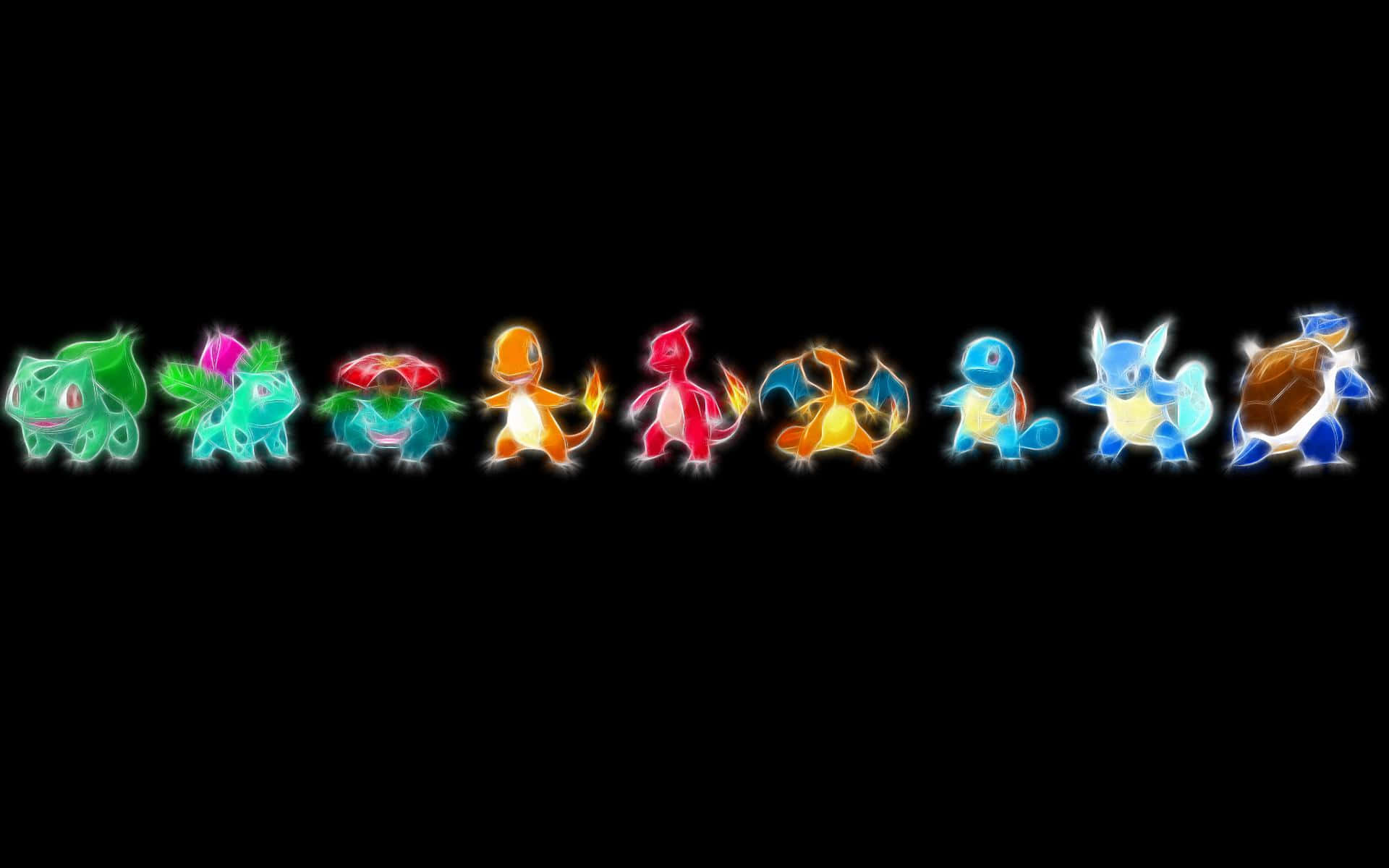 Squirtle 桌布 壁紙 — 八個發光的寶可夢角色在黑色背景前排成一排，每個都散發出鮮豔的色彩。
