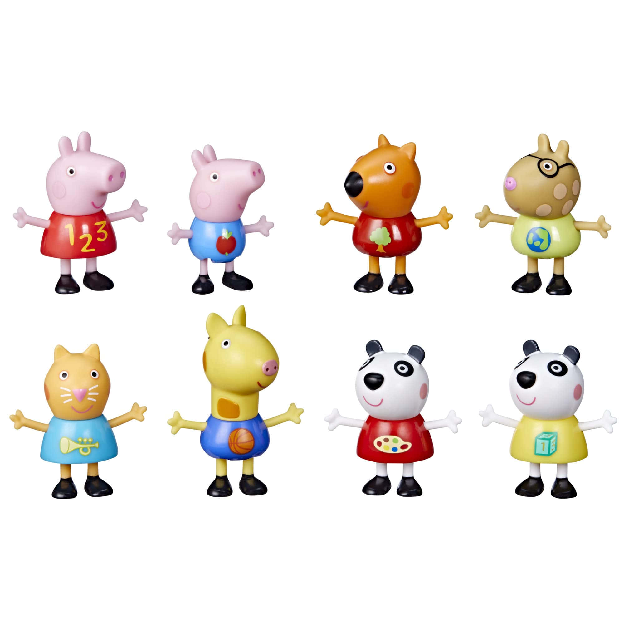 Candy Cat 桌布 壁紙 — 八個色彩繽紛的Peppa Pig玩具公仔排成兩行，站在純白色背景前，每個都穿著獨特主題的服裝。