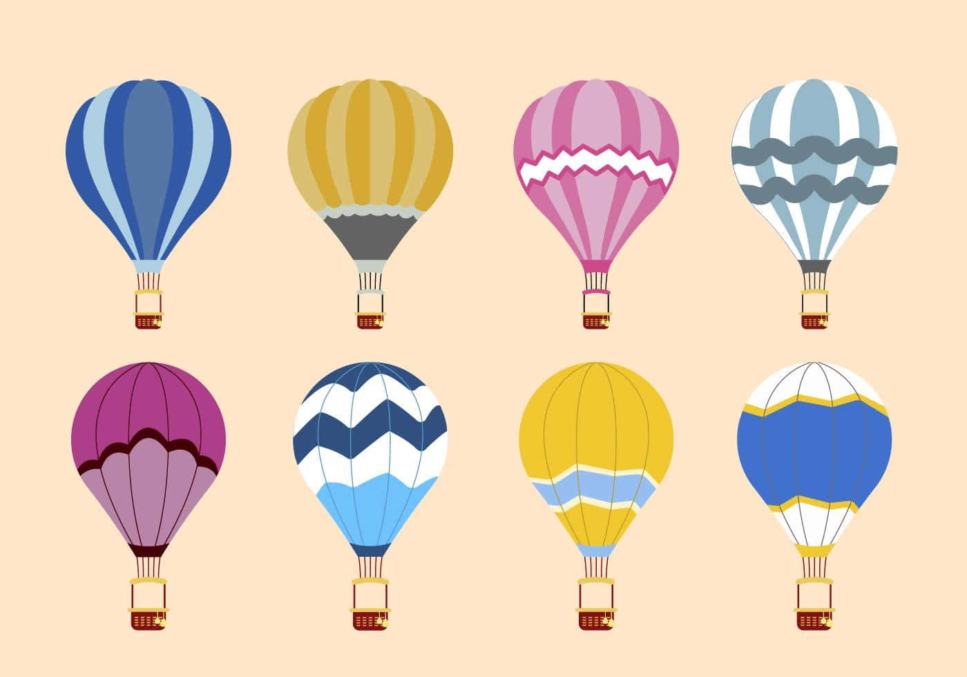 Hot Air Balloon 桌布 壁紙 — 八個色彩繽紛的熱氣球，帶有條紋和鋸齒圖案，漂浮在柔和的蜜桃色背景上。