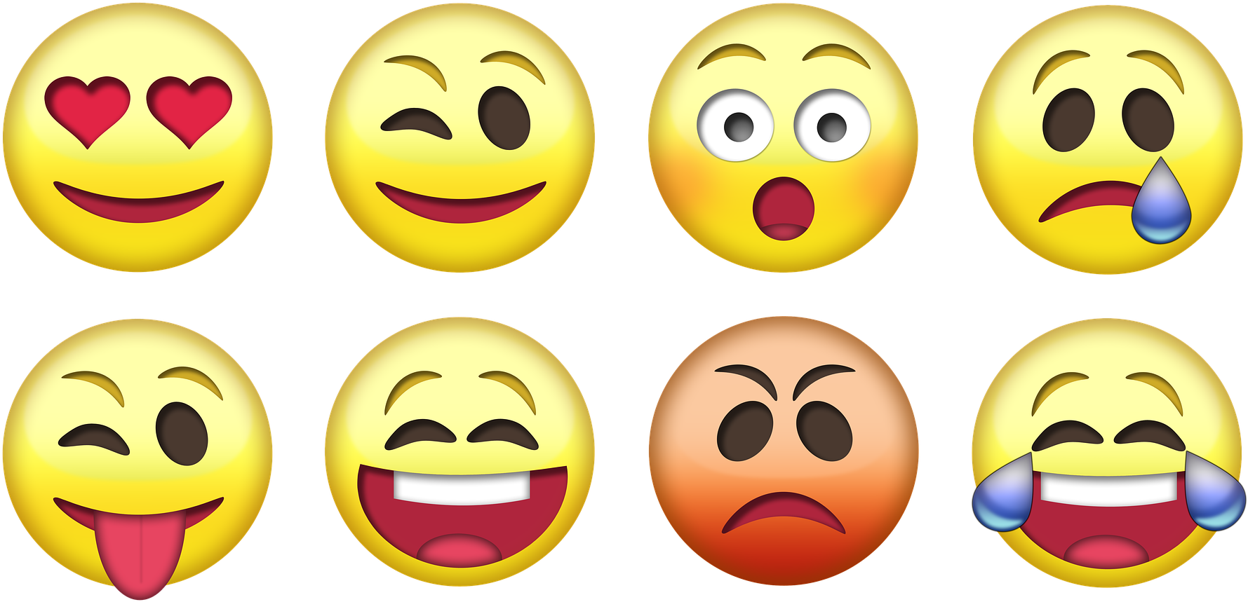 Emoticon 桌布 壁紙 — 八個色彩繽紛的表情符號在黑色背景上展示從愛到笑的一系列情感。