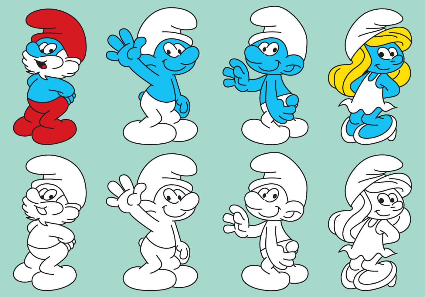 Smurf 桌布 壁紙 — 八個藍色小精靈角色以全彩色和黑色輪廓版本在青綠色背景上揮手微笑。