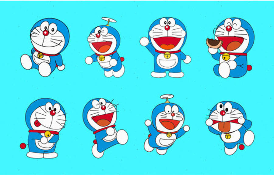 doraemon 4K 桌布 壁紙 — 八個開心的哆啦A夢角色以各種有趣姿勢在純青色背景上。