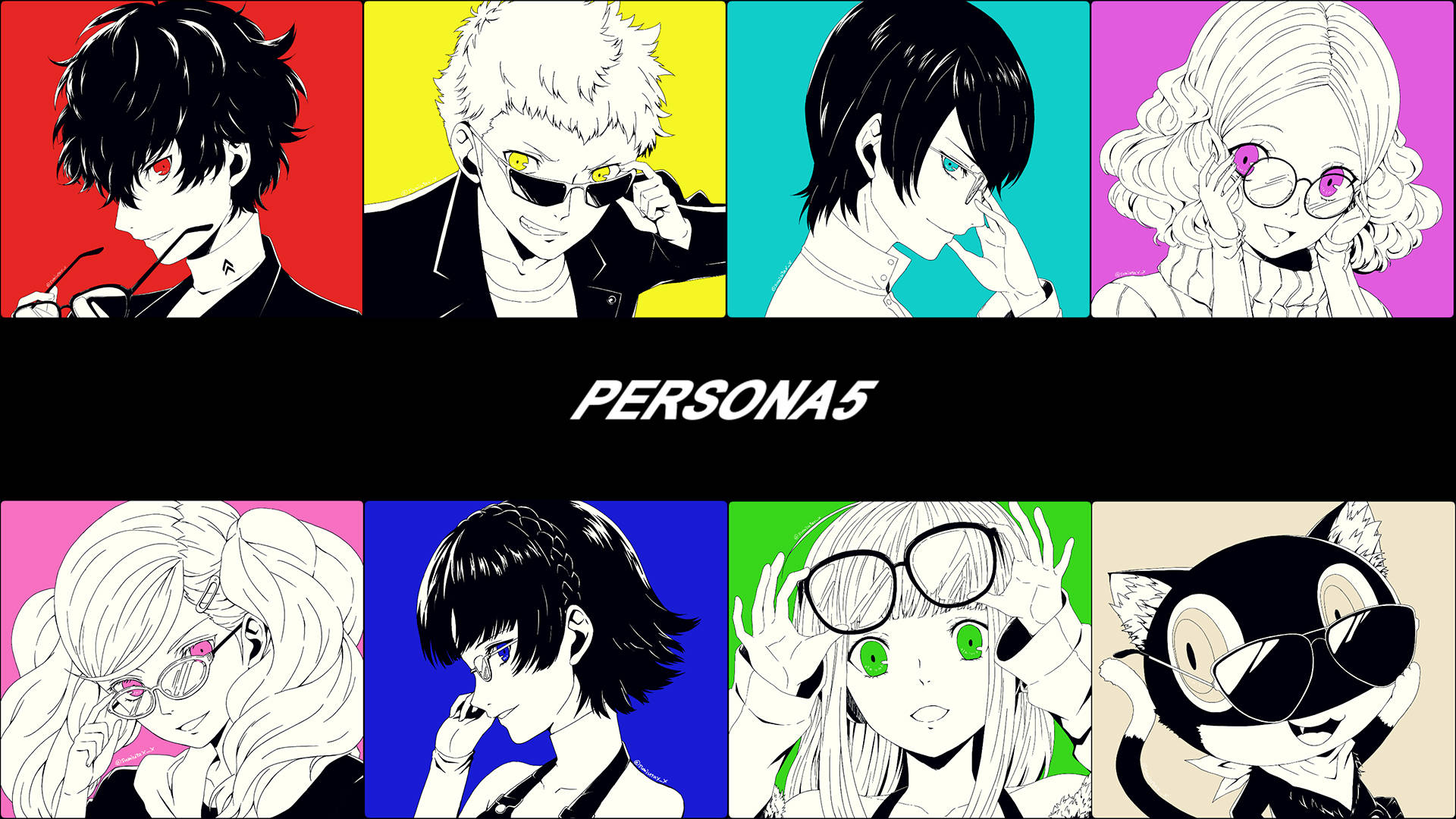 persona 5 4K 桌布 壁紙 — 八個風格化的動漫角色，帶有粗線條和鮮豔的純色背景，每個都框在網格中。