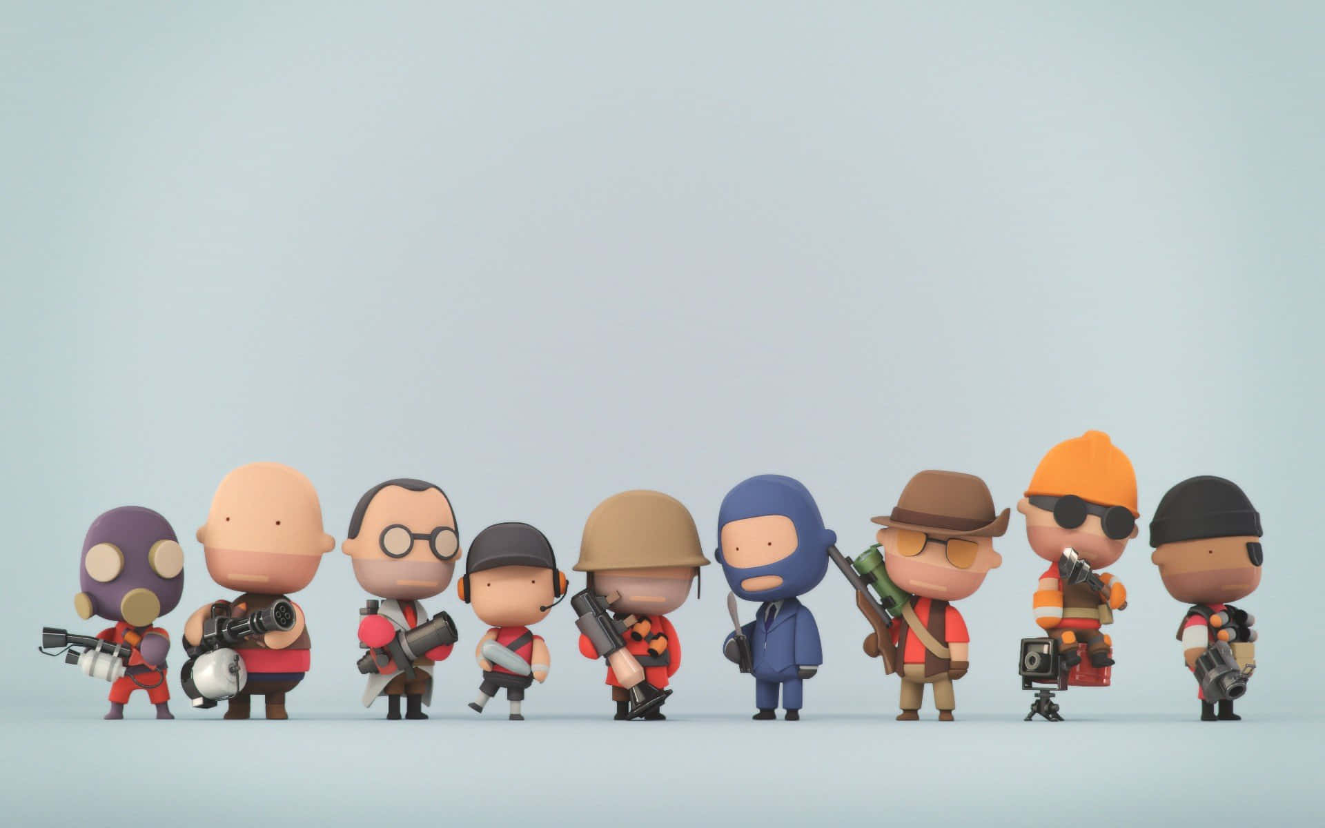 Tf2 桌布 壁紙 — 八個風格化的卡通士兵，配備各種裝備和武器，排列在純淺藍色背景前。