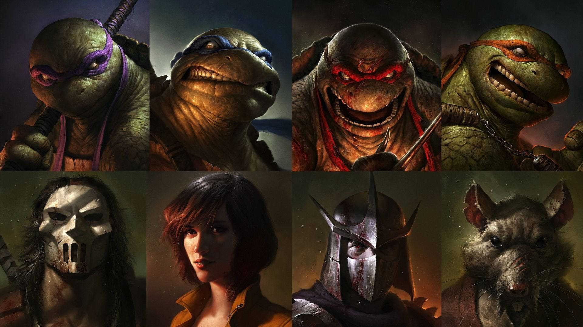 teenage mutant ninja turtles 桌布 壁紙 — 八個風格化的角色肖像，包括四隻烏龜、一個蒙面戰士、一個女人、一個戴頭盔的人物和一隻老鼠，每個都有強烈的表情。