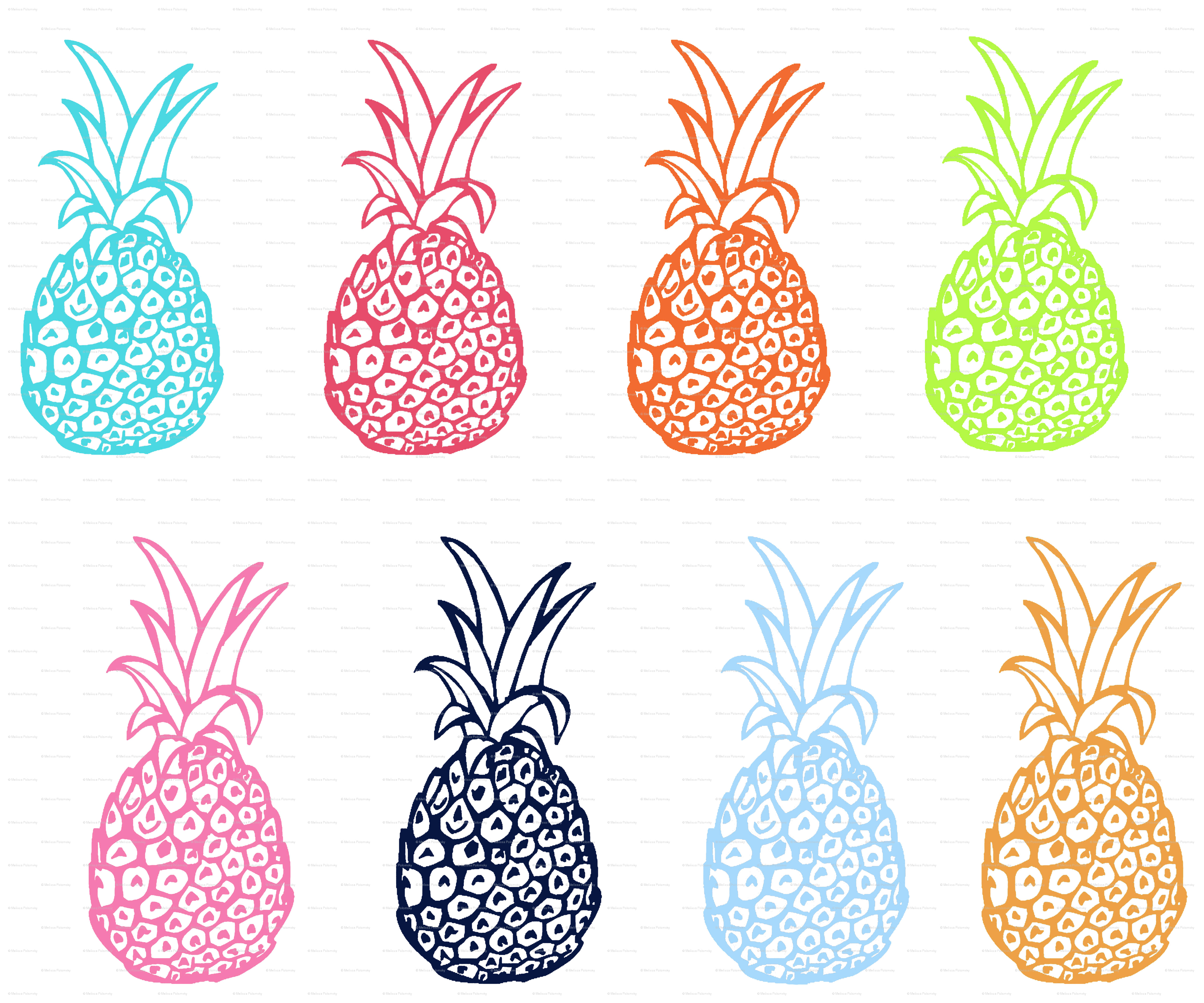 Pineapple Desktop 桌布 壁紙 — 八個風格化的鳳梨，以鮮豔色彩配上豹紋圖案，在白色背景上排成兩行。
