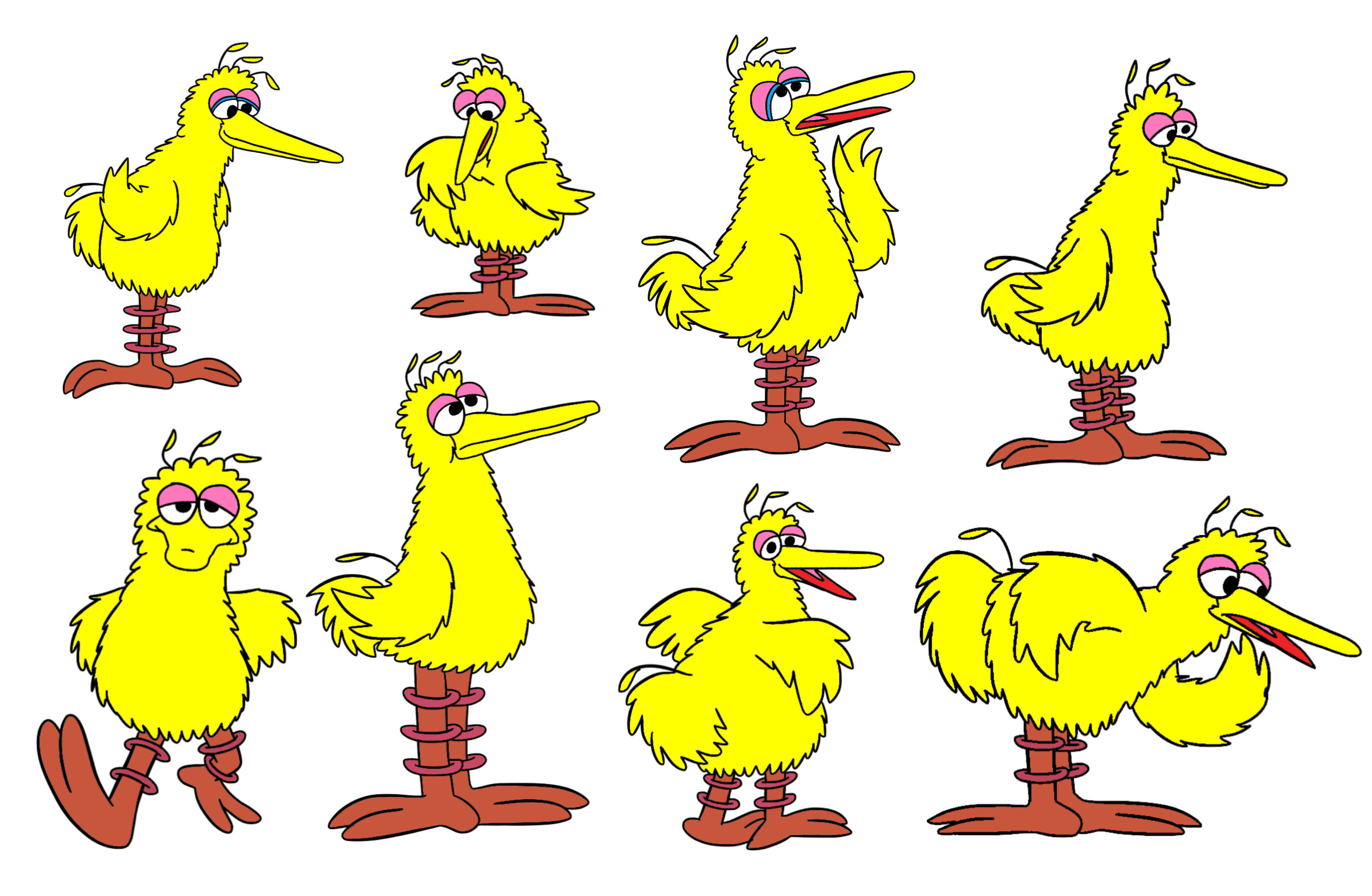 Big Bird 桌布 壁紙 — 八個黃色卡通鳥角色，長喙和彈簧腿，以各種姿勢和表情展示。
