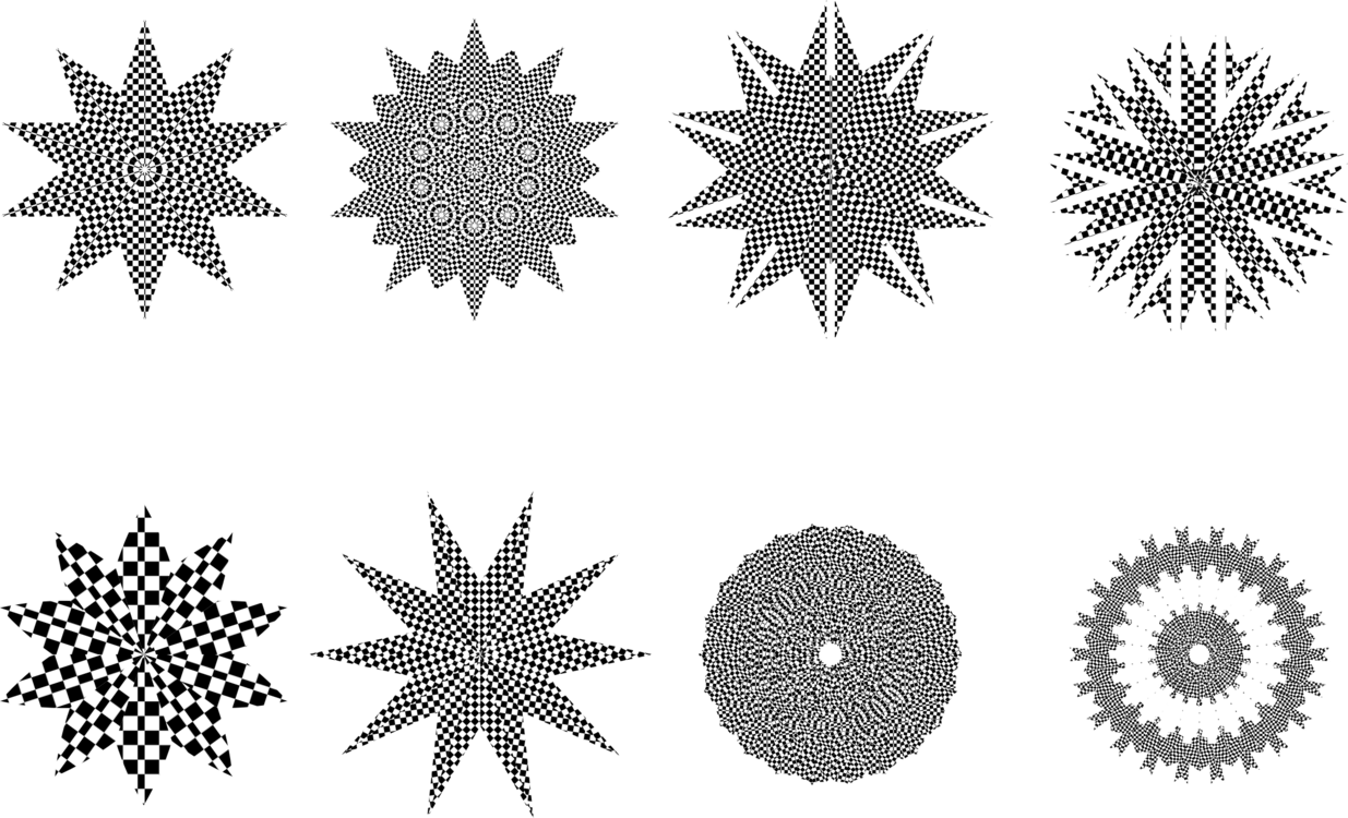Circle Shape 桌布 壁紙 — 八個黑白錯覺圖案，在深色背景上帶有星形和圓形幾何設計。