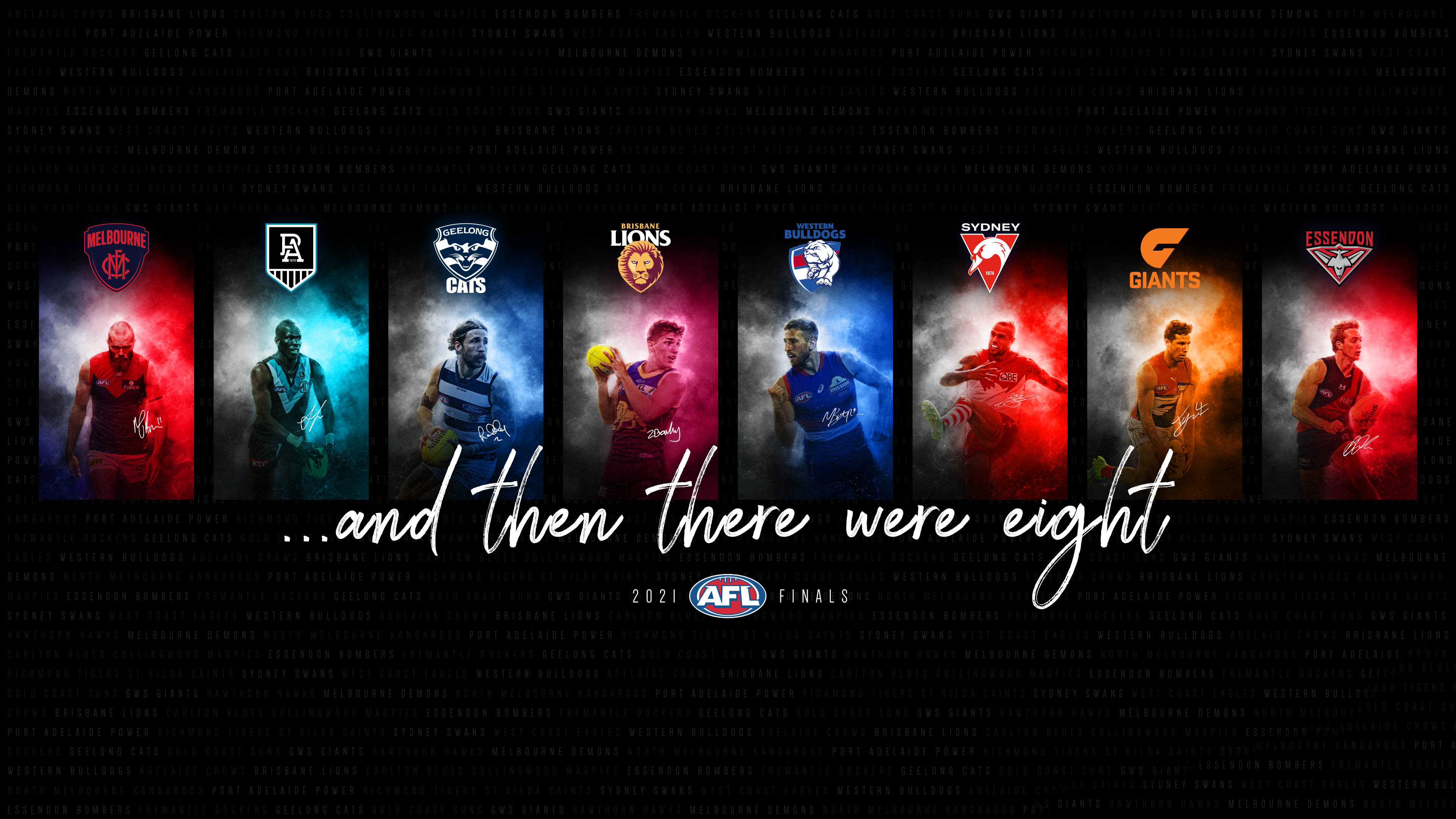 Afl 桌布 壁紙 — 八名AFL足球運動員身穿球隊球衣，站在彩色煙霧背景前，上方有球隊標誌。