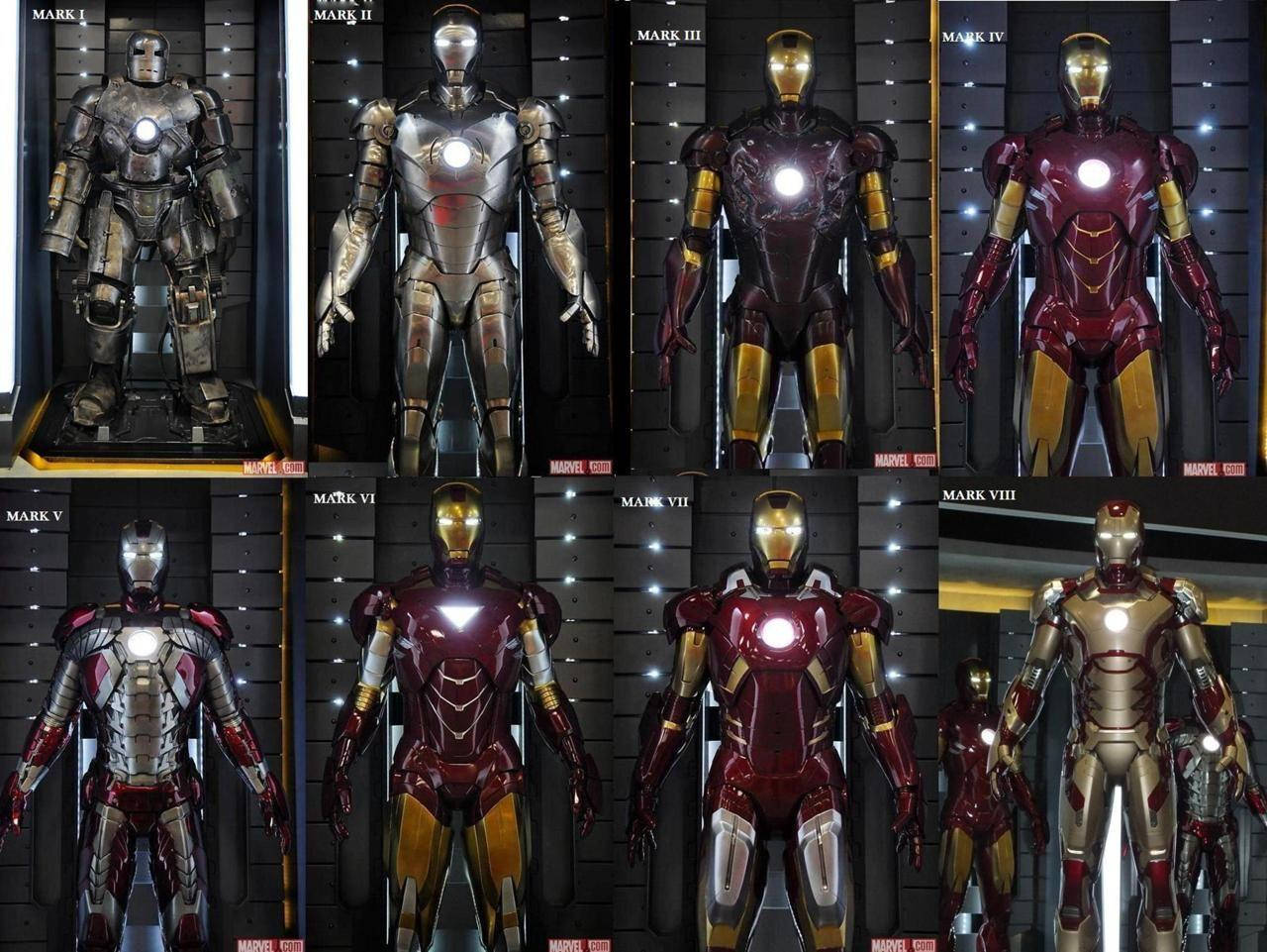 Iron Man Mark 3 桌布 壁紙 — 八套鋼鐵人戰衣以網格展示，展現從粗獷灰色到時尚紅金盔甲的演變。