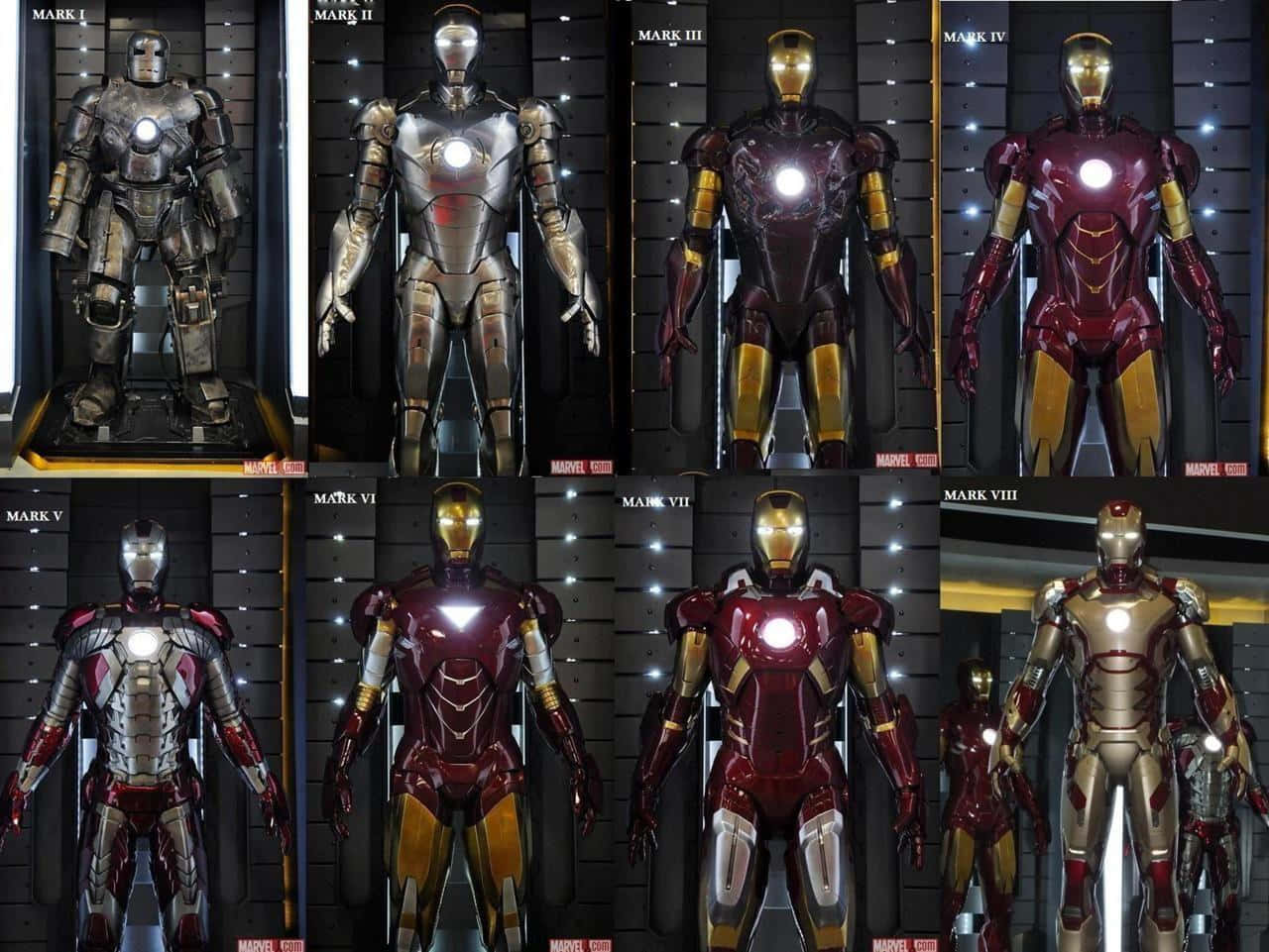 Iron Man Suit 桌布 壁紙 — 八套鋼鐵人戰衣在博物館展出，帶有發光的弧形反應器和金屬紅、金、銀飾面。