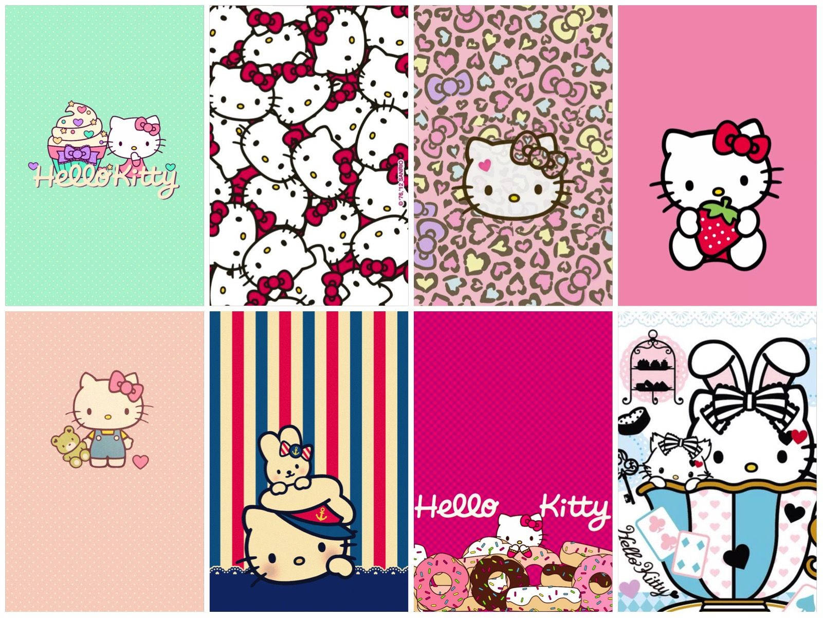 Hello 桌布 壁紙 — 八張Hello Kitty桌布的拼貼，以粉彩顏色、蝴蝶結和糖果的可愛卡通角色為特色。