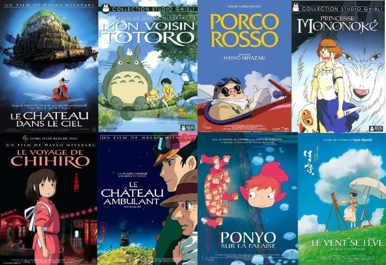 Hayao Miyazaki Movies 桌布 壁紙 — 八張吉卜力工作室電影海報的拼貼，以標誌性的動畫角色和充滿活力的天空下的奇幻場景為特色。